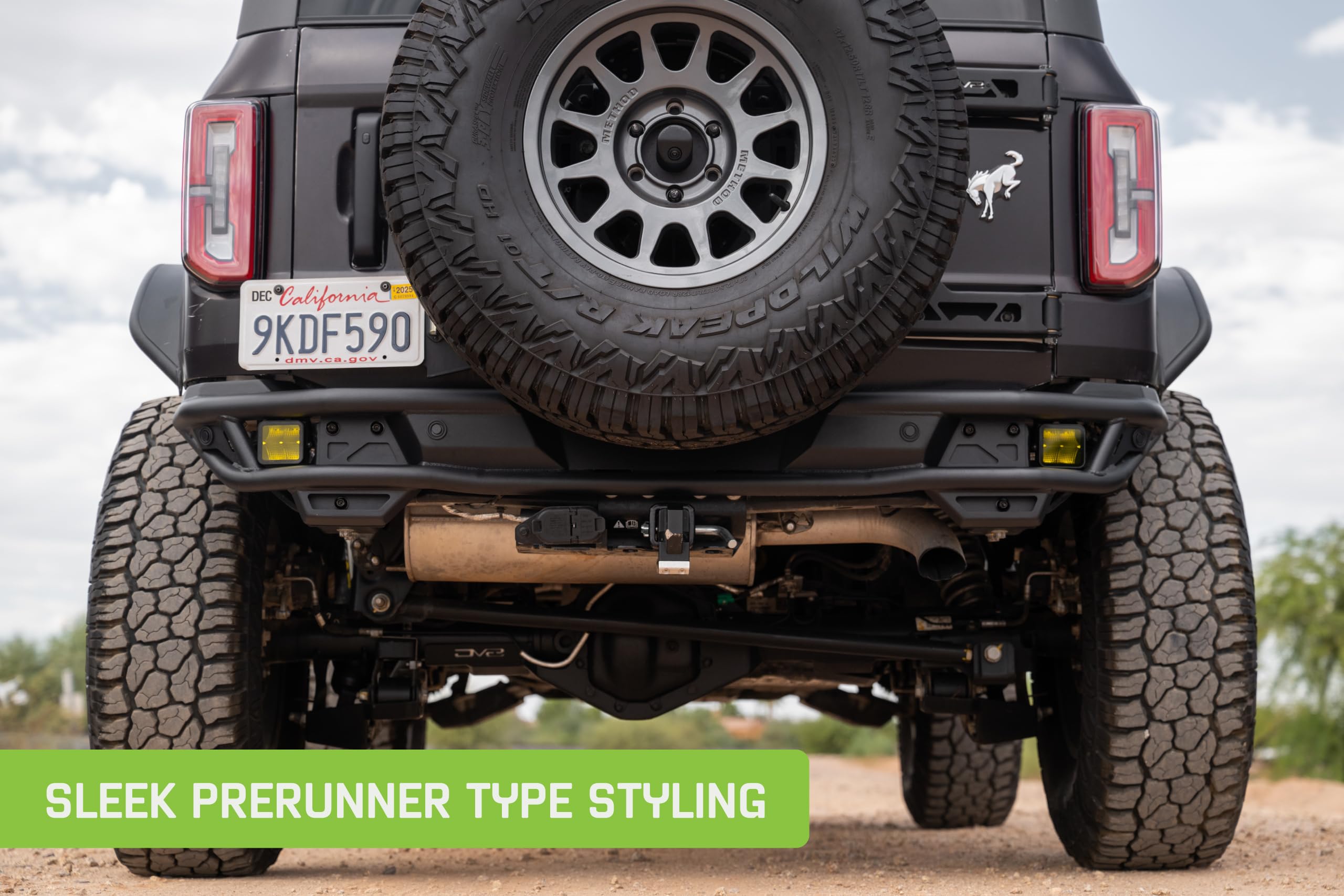 Rear Tube Bumper DV8 Offroad for 2021-2025 Ford Bronco | Sleek Prerunner Type Design | (2) 3" Pod Light Mounts | Durable Steel Construction | Micro-Texture Powder Coated Finish | Fully Bolt-On Design