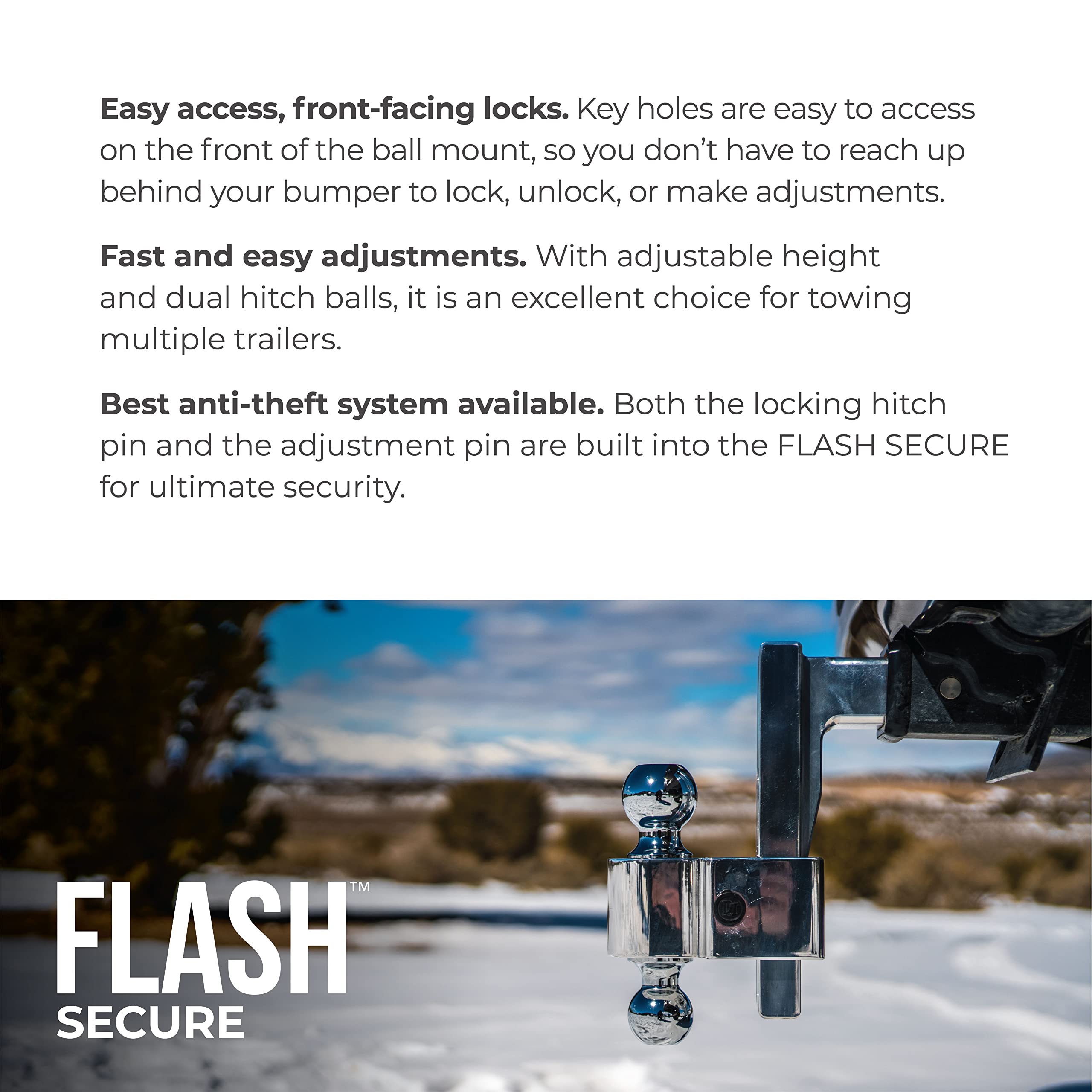 Fastway Flash Secure Adjustable Dual Locking Aluminum Ball Mount with 4 Inch Drop, 2 Inch Shank, Built-in Locks, and Chrome Plated Balls 44-00-4400