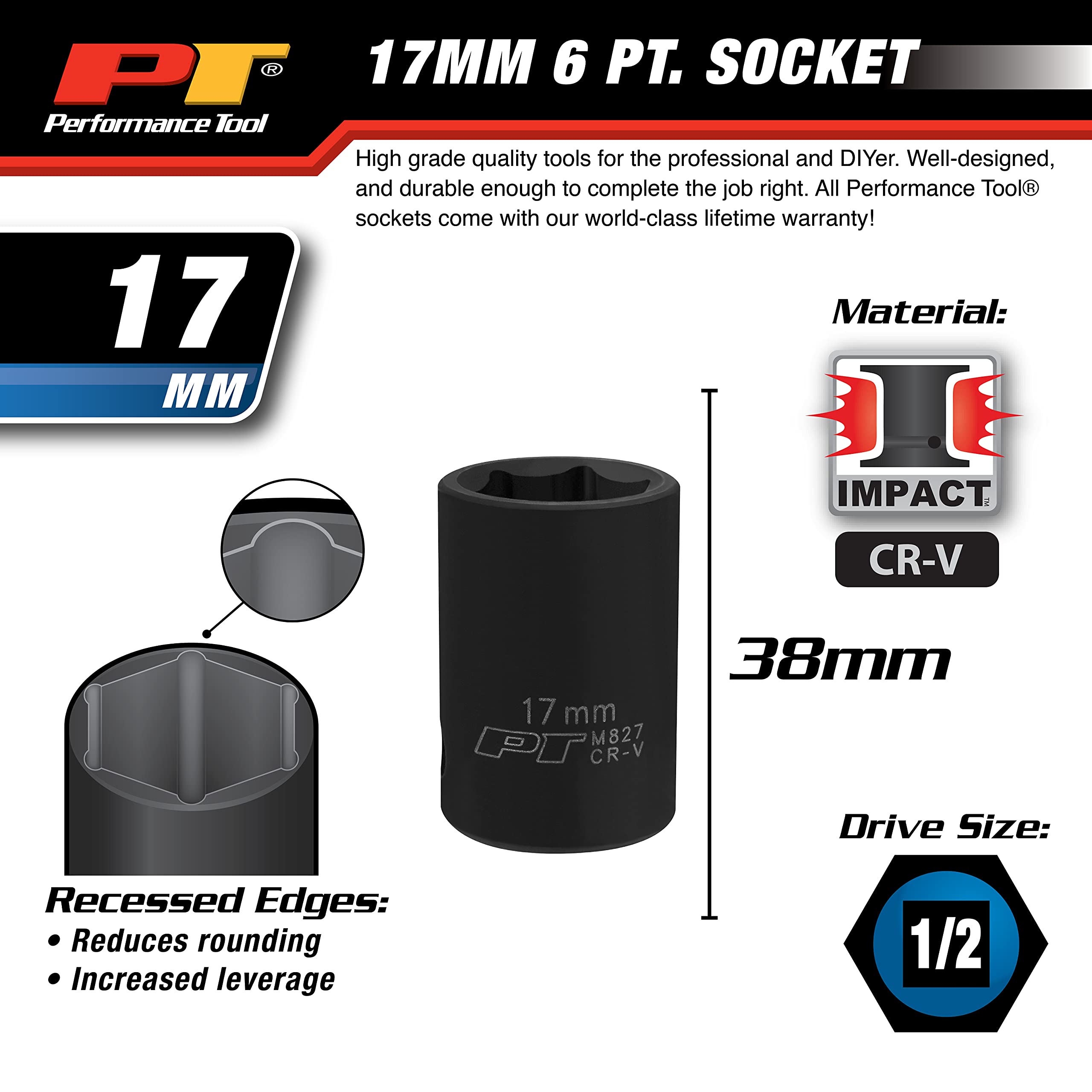 17mm Performance Tool M827 1/2-Inch Drive 6pt Impact Socket for Efficient Bolt Tightening and Loosening in Automotive and Industrial Applications