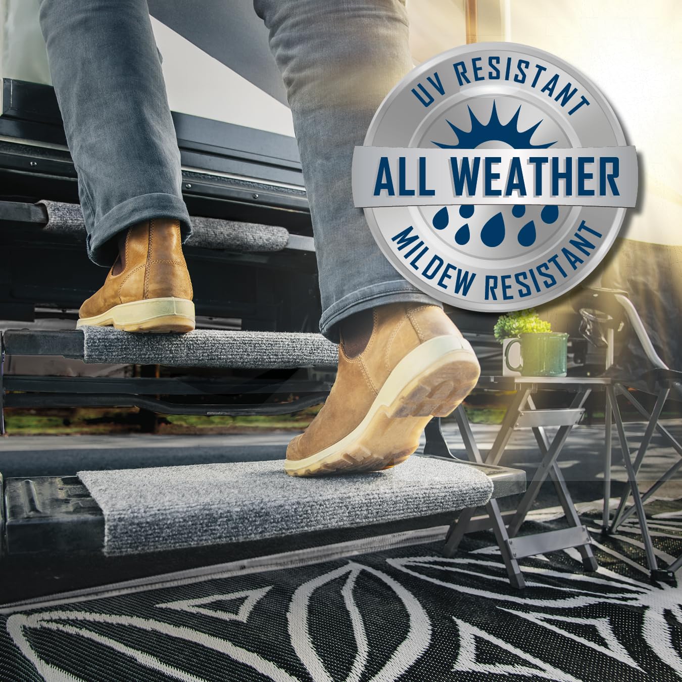 Wrap Around Camco RV Step Rug - for Manual & Electric RV Steps - Easy Install, No Tools Required - Fits 18" Wide RV Steps - Weather-Resistant (42925)