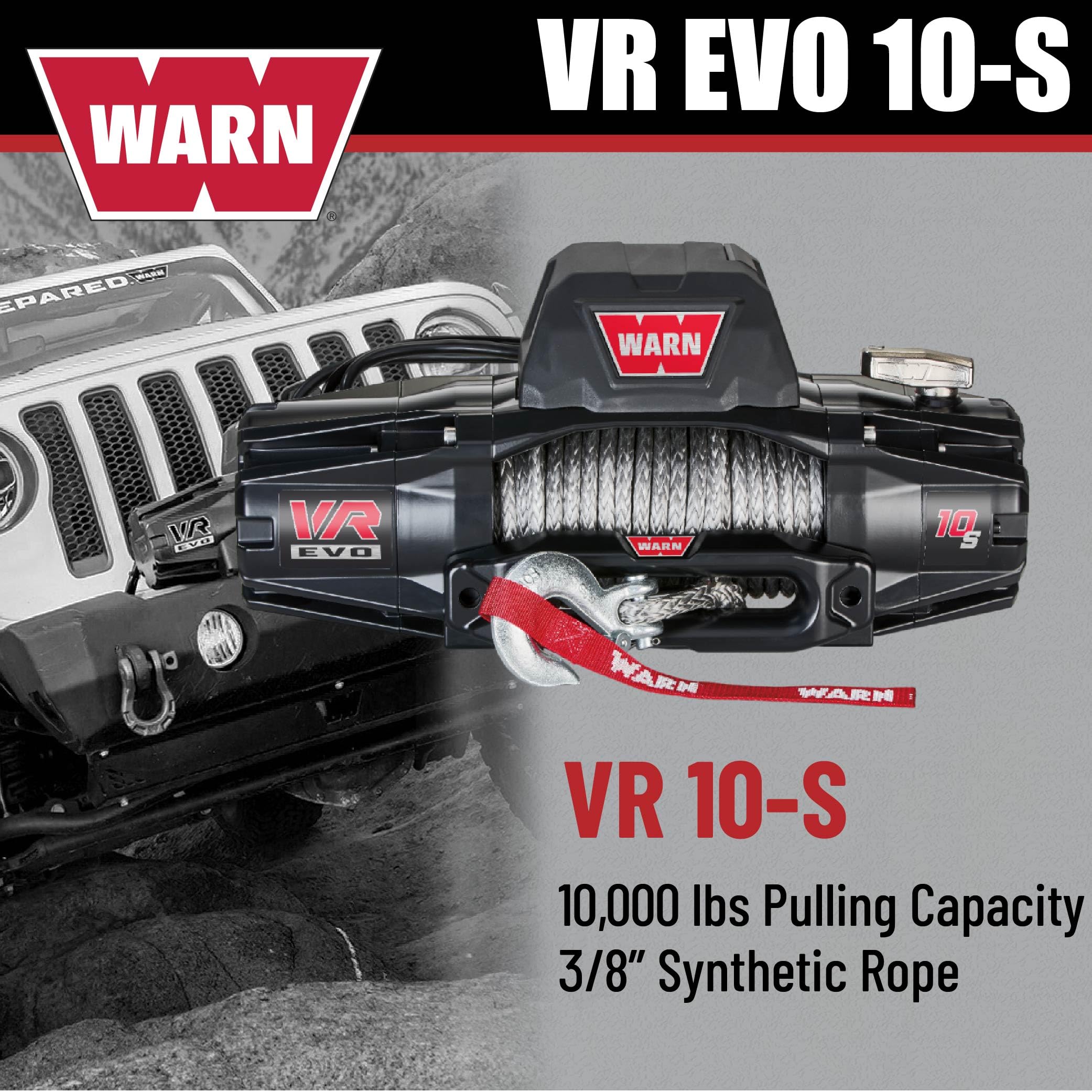 10-S WARN VR EVO Electric 12V Winch – 10,000 lb Pull Capacity, Synthetic Rope, IP68 Waterproof, High-Performance Off-Road Recovery Winch for Trucks, Jeeps, and SUVs