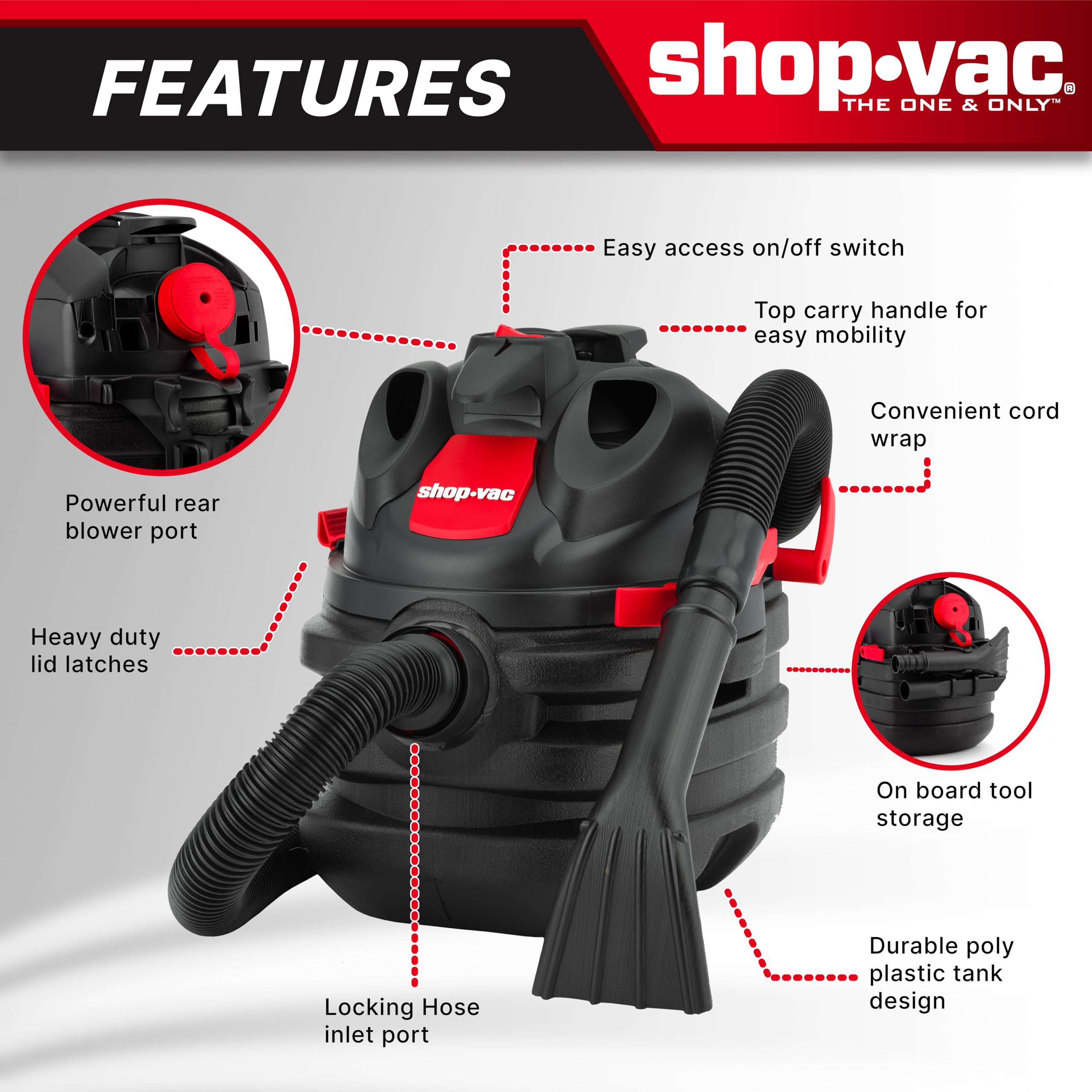 5 Gallon Shop-Vac 6.0 Peak HP Portable Wet/Dry Vacuum, 1-1/2 Inch Diameter x 8 Foot Hose, 20 Foot Cord, Ideal for Jobsite, Garage, Workshop & Home