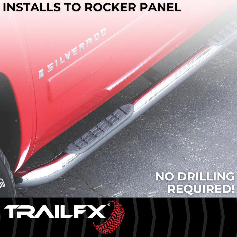 Nerf Bar TrailFX A0069S, 3 In Round Bent, Polished, Stainless Steel, With Step Pads, W/O End Caps, Rocker Panel Mount, Fits 2025 Toyota 4Runner (Will Not Fit Models With Lower Rocker Panel Extensions)
