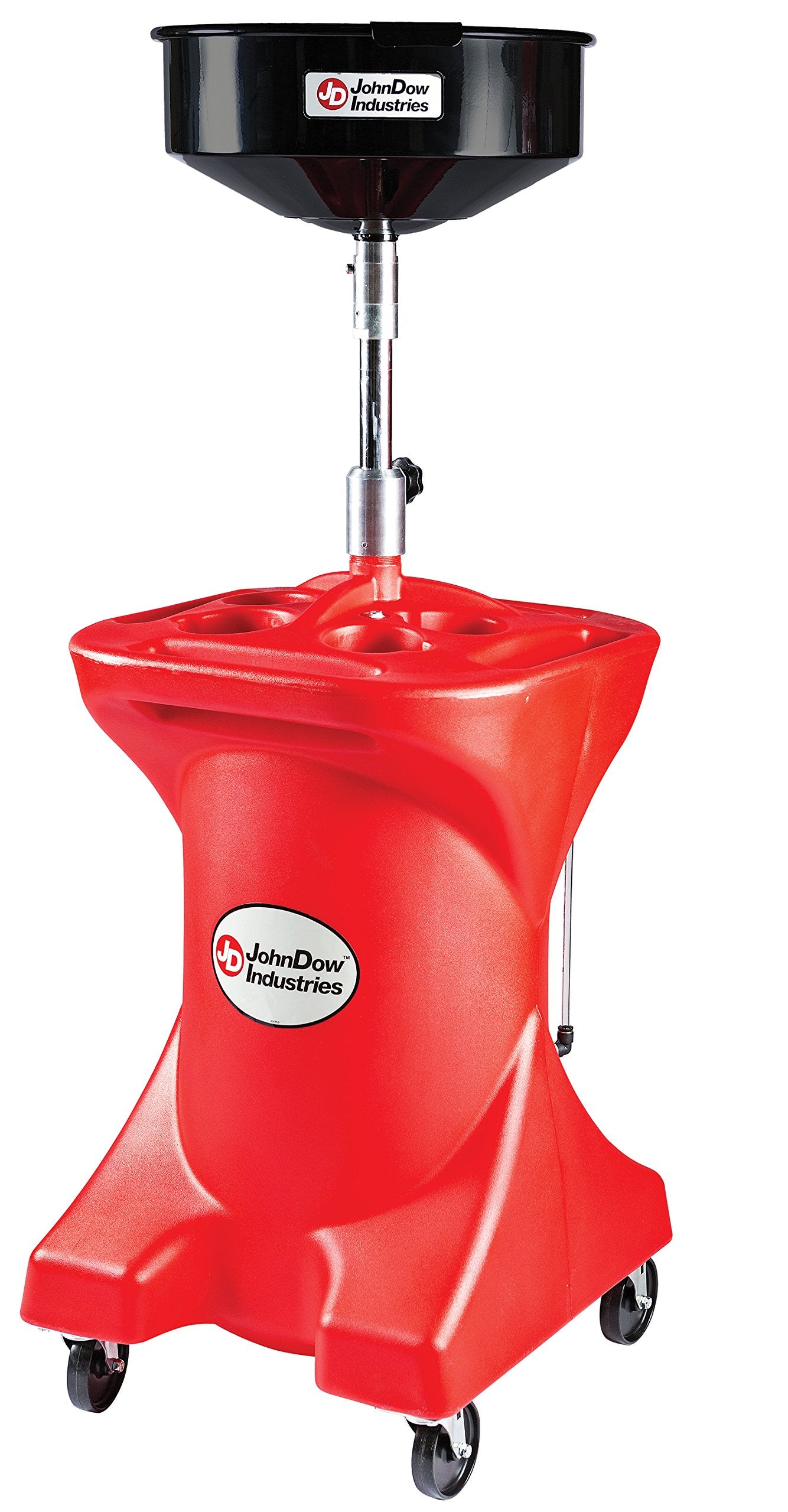 JDI-27GFD JohnDow Industries 27 Gallon Pump Assist Portable Oil Drain, 16 inch Diameter Centered Funnel, Adjustable Funnel Height of 45 in. to 70 in. With Molded in Tool Tray for Oil Filters and Tools