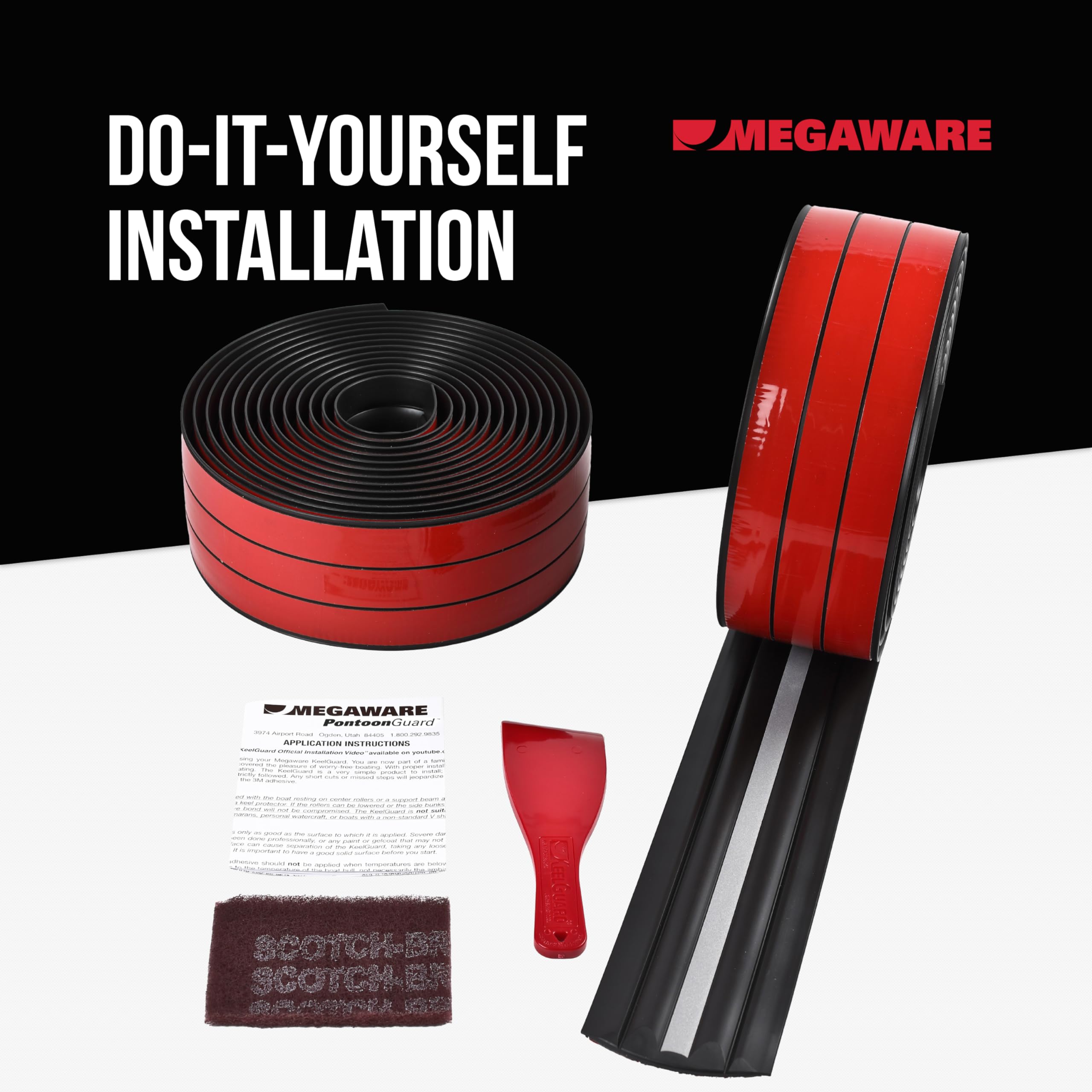 MEGAWARE PONTOONGUARD KEELGUARD - USA Made, Protects Pontoon Tubes Against Damage; Reflective Safety Strip Enhance Night Visibility; Log Bumper Guard; 3.5" Wide; 40ft Kit - Pontoon up to 25ft (Black)