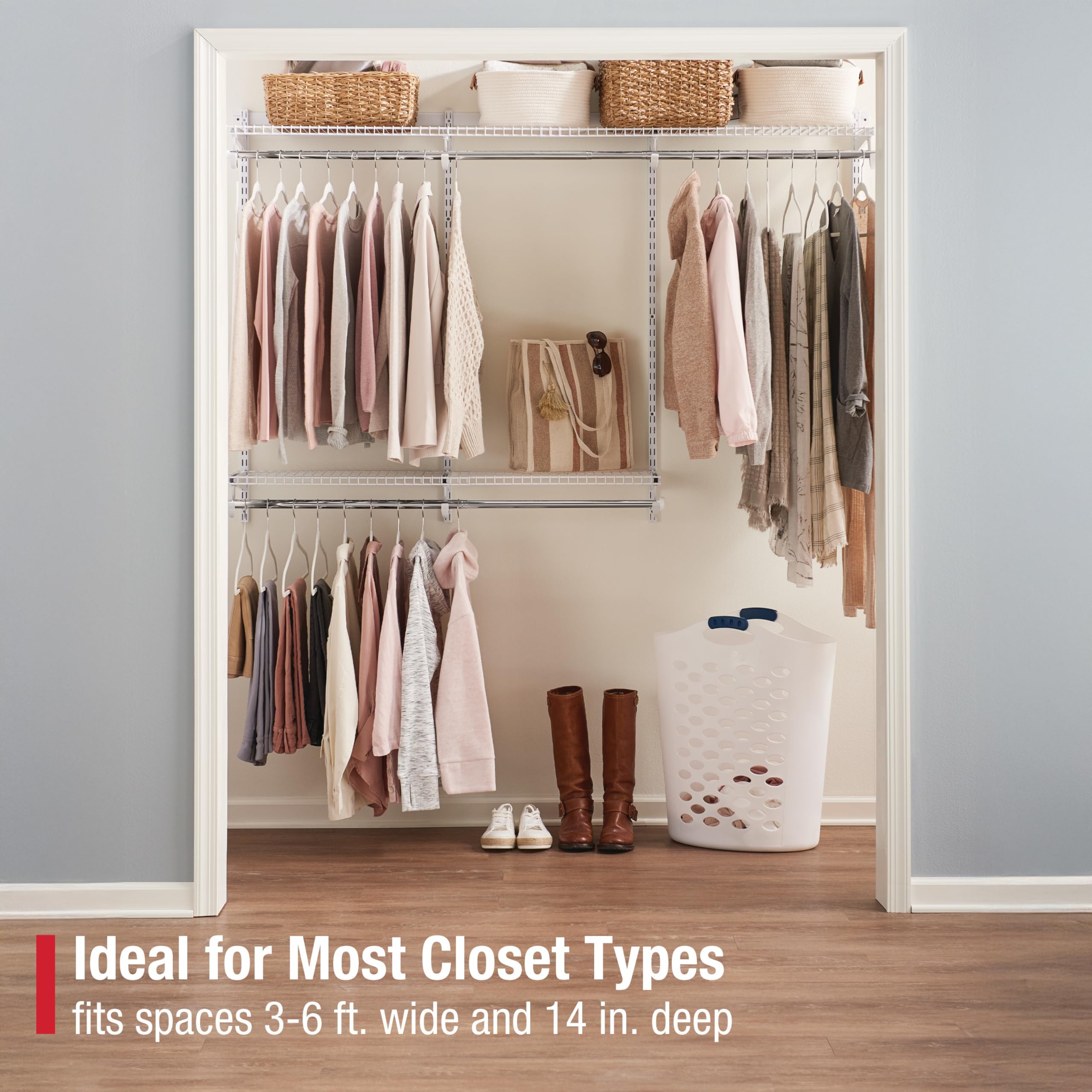 Rubbermaid Custom Closet Kit Configurations 3-6 Ft. Adjustable Metal Wire Shelving White Finish Expandable Organization System Hardware Included for Home Closet/Pantry/Laundry/Mudroom