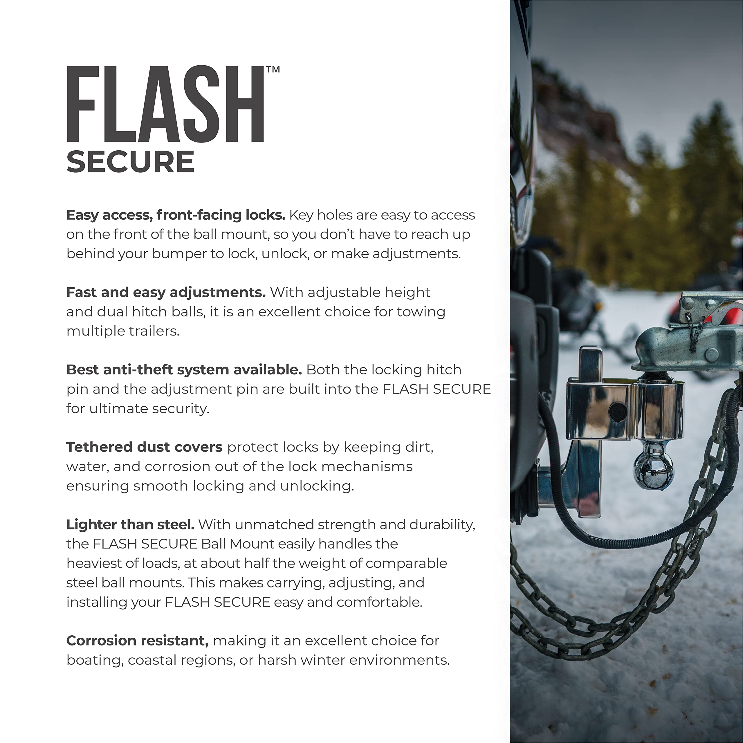 Fastway Flash Secure Adjustable Dual Locking Aluminum Ball Mount with 4 Inch Drop, 2 Inch Shank, Built-in Locks, and Chrome Plated Balls 44-00-4400