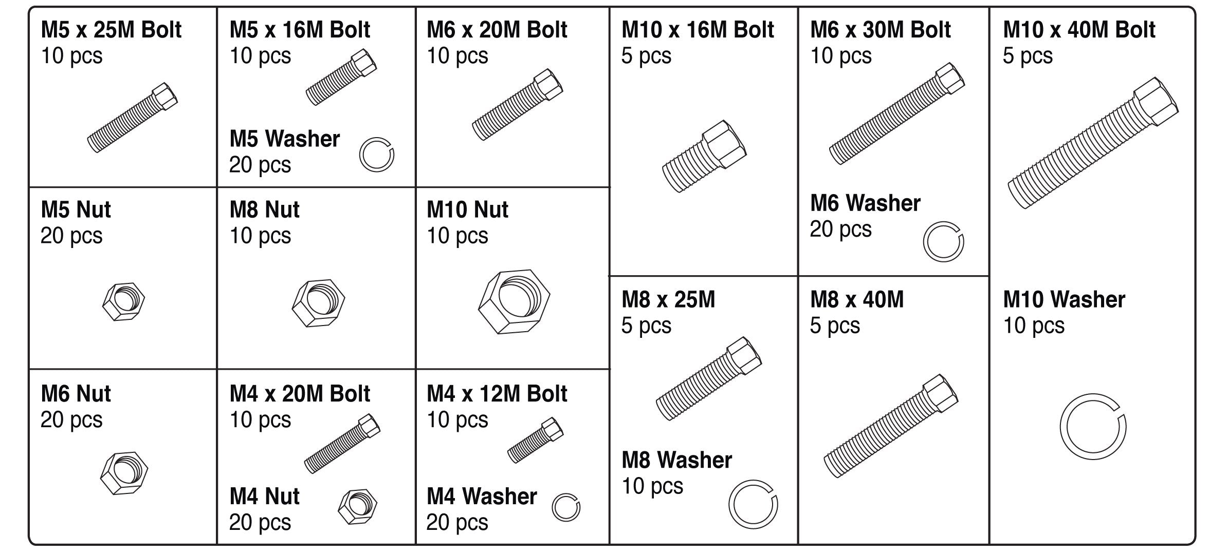 W5334 Performance Tool 240pc Zinc Nuts & Bolts Assortment With Case