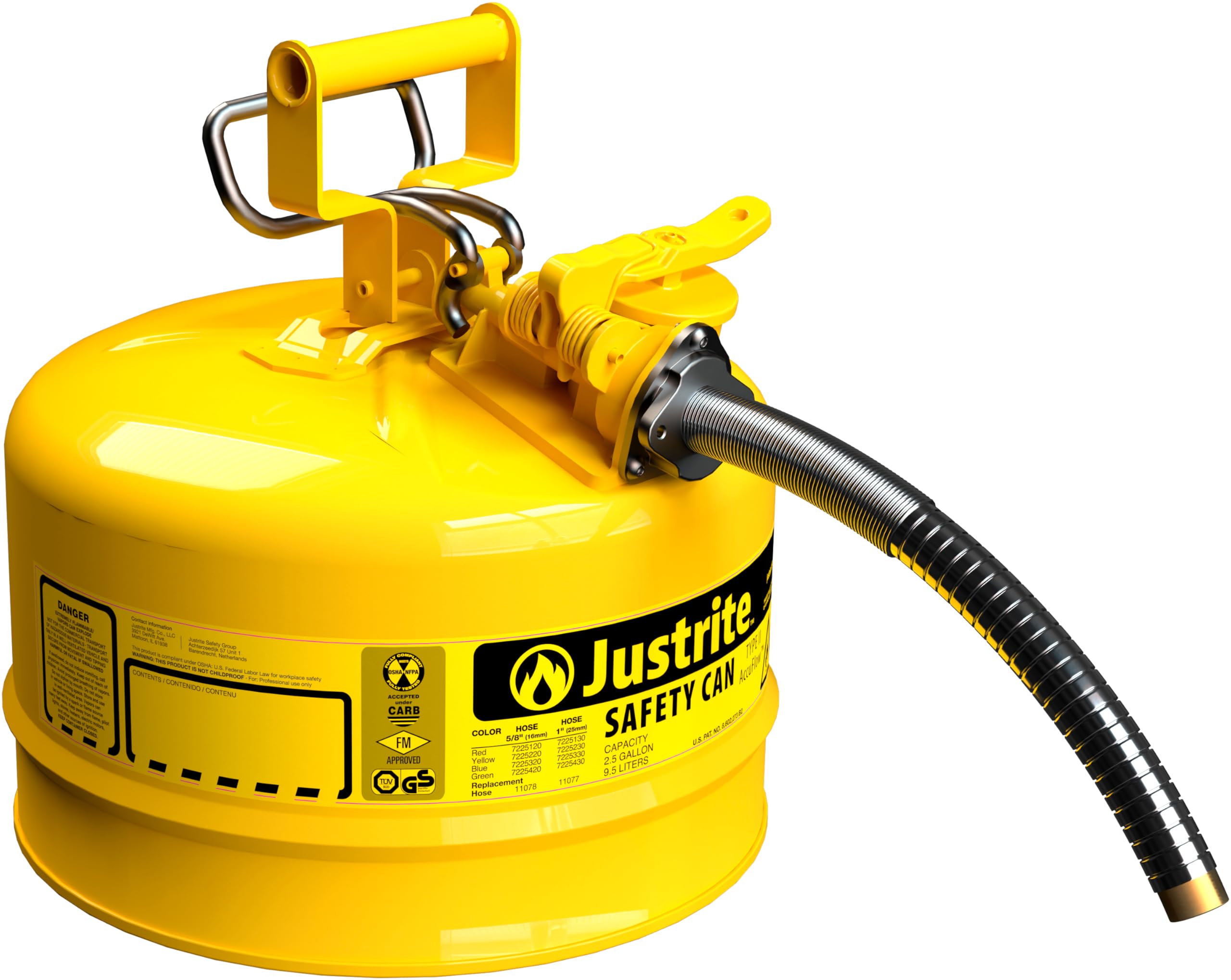 Justrite Type II 2.5 Gallon Yellow Safety Can for Diesel with Flame Arrester, Self-Closing Lid, and 1" Flexible Metal Spout, Made in the USA, Galvanized Steel Flammable Storage Can, 7225230
