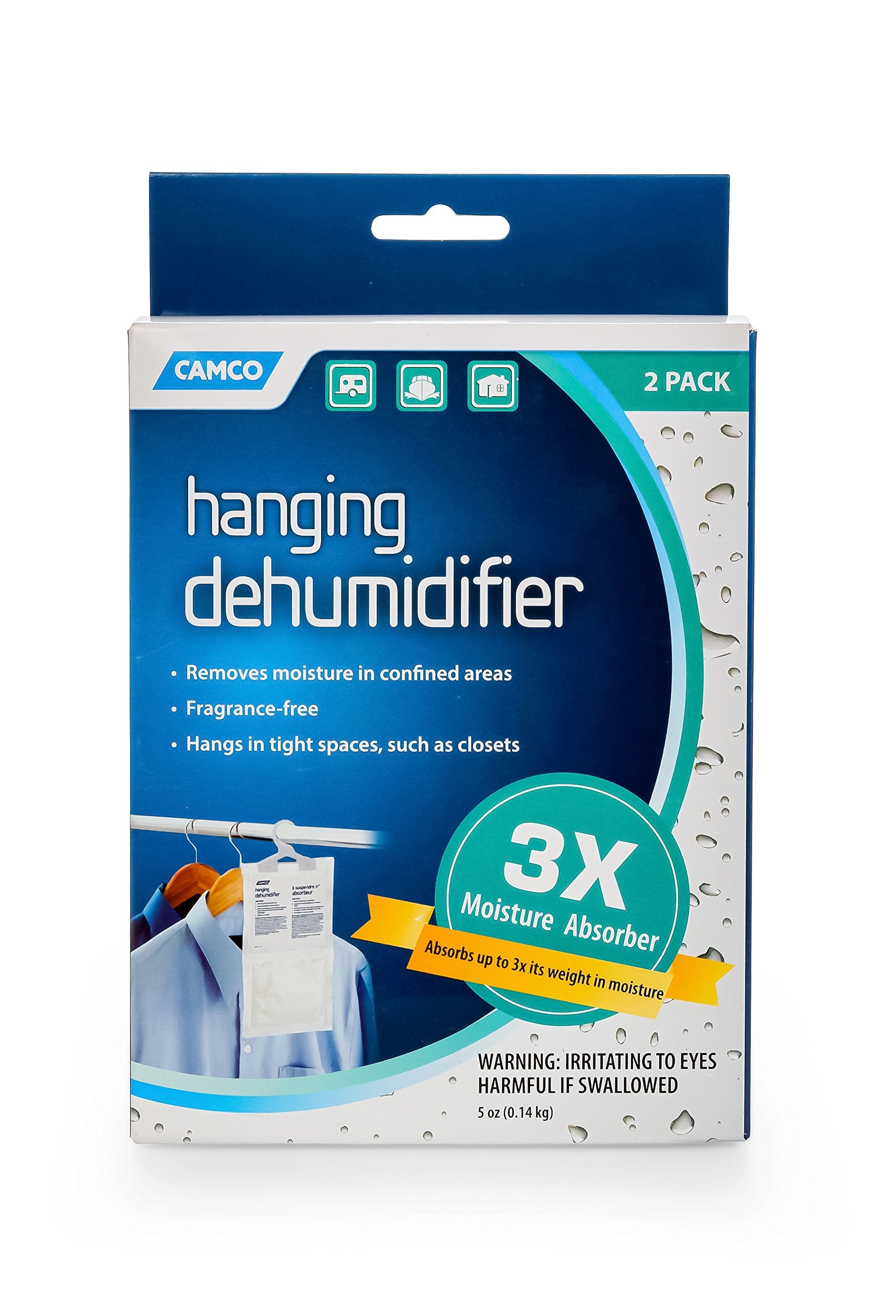 Hanging Dehumidifier Camco 44286 Fragrance Free-Convenient Hook Absorbs up to 3x Its Weight in Water, Reduces Moisture and Humidity in Closets and Tightly Confined Spaces, 2 Pack