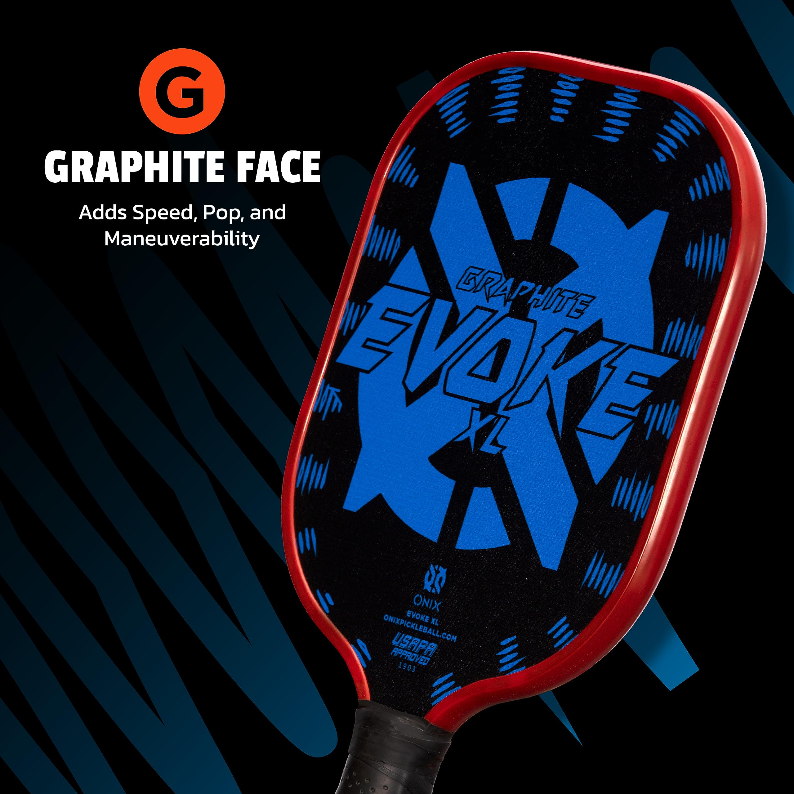Evoke XL Onix Graphite Pickleball Paddle Features Polypropylene Core, Graphite Face, and Oversized Shape, Blue