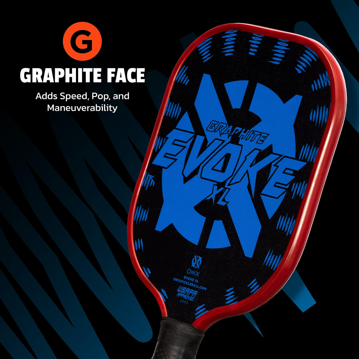 Evoke XL Onix Graphite Pickleball Paddle Features Polypropylene Core, Graphite Face, and Oversized Shape, Blue