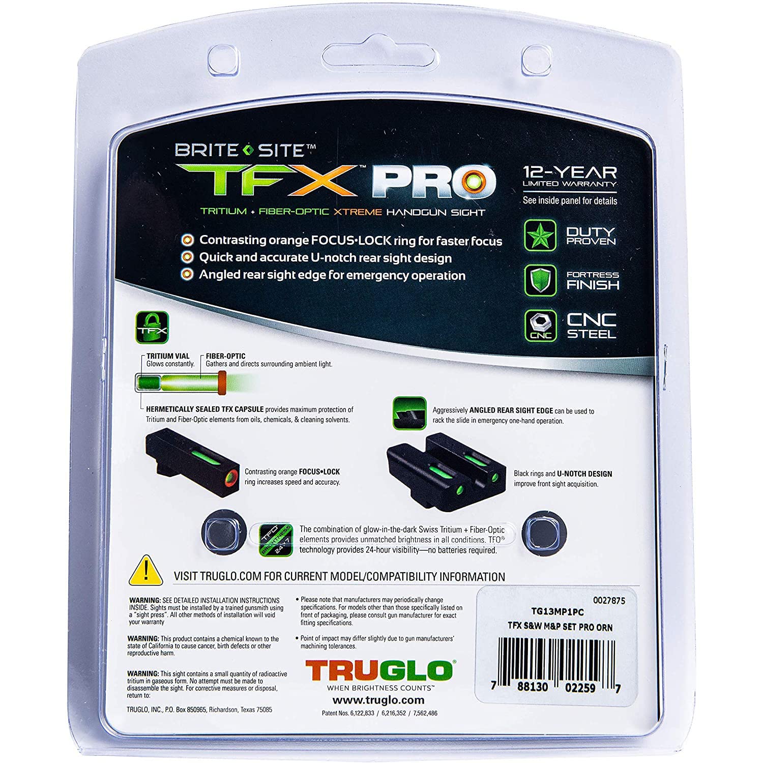 TruGlo TFK PRO Fiber Optic and Tritium Handgun Sight for Smith & Wesson M&P, Black