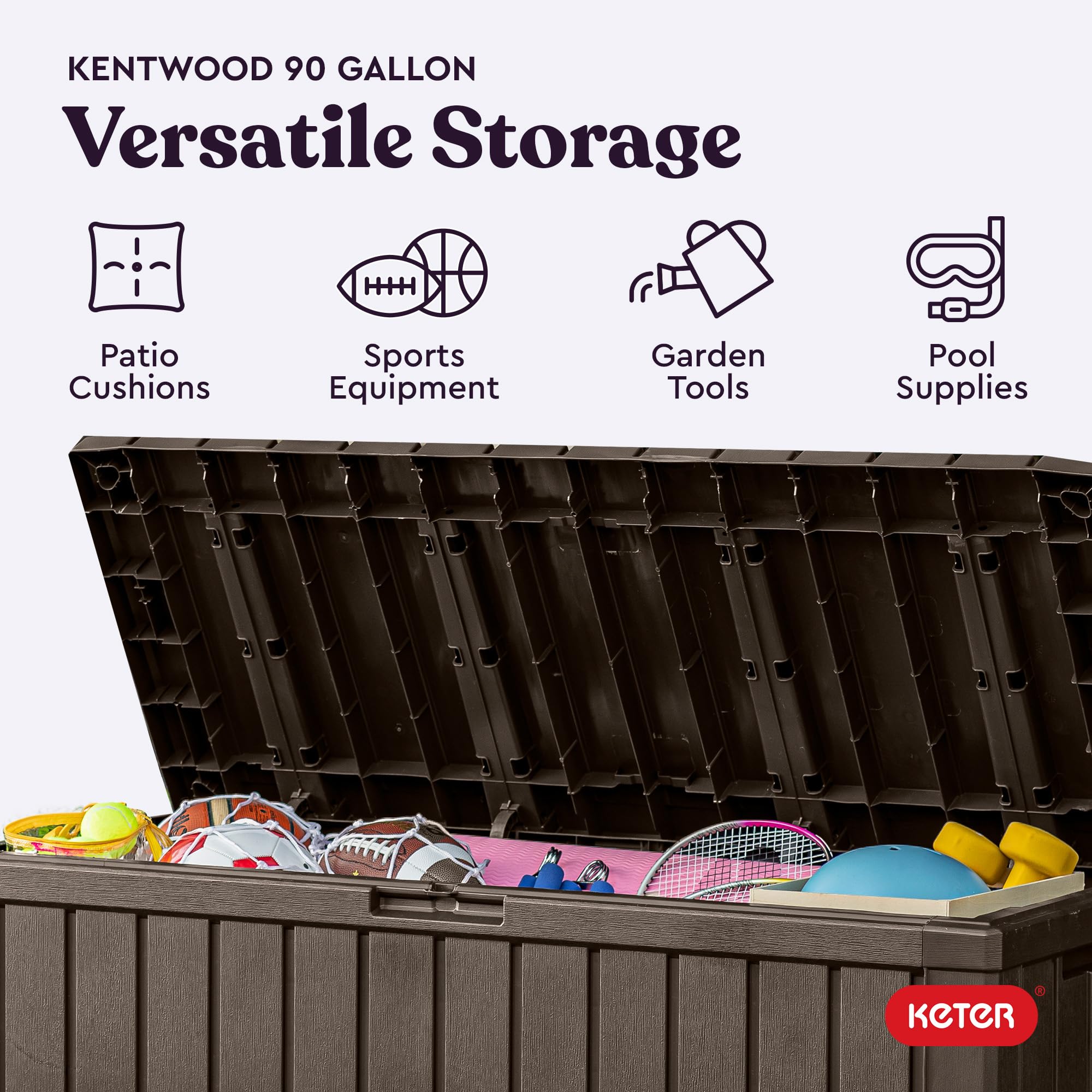 Keter 92 Gallon Kentwood Resin Deck Box-Organization and Storage for Patio Furniture Outdoor Cushions, Throw Pillows, Garden Tools and Pool Floats, Brown