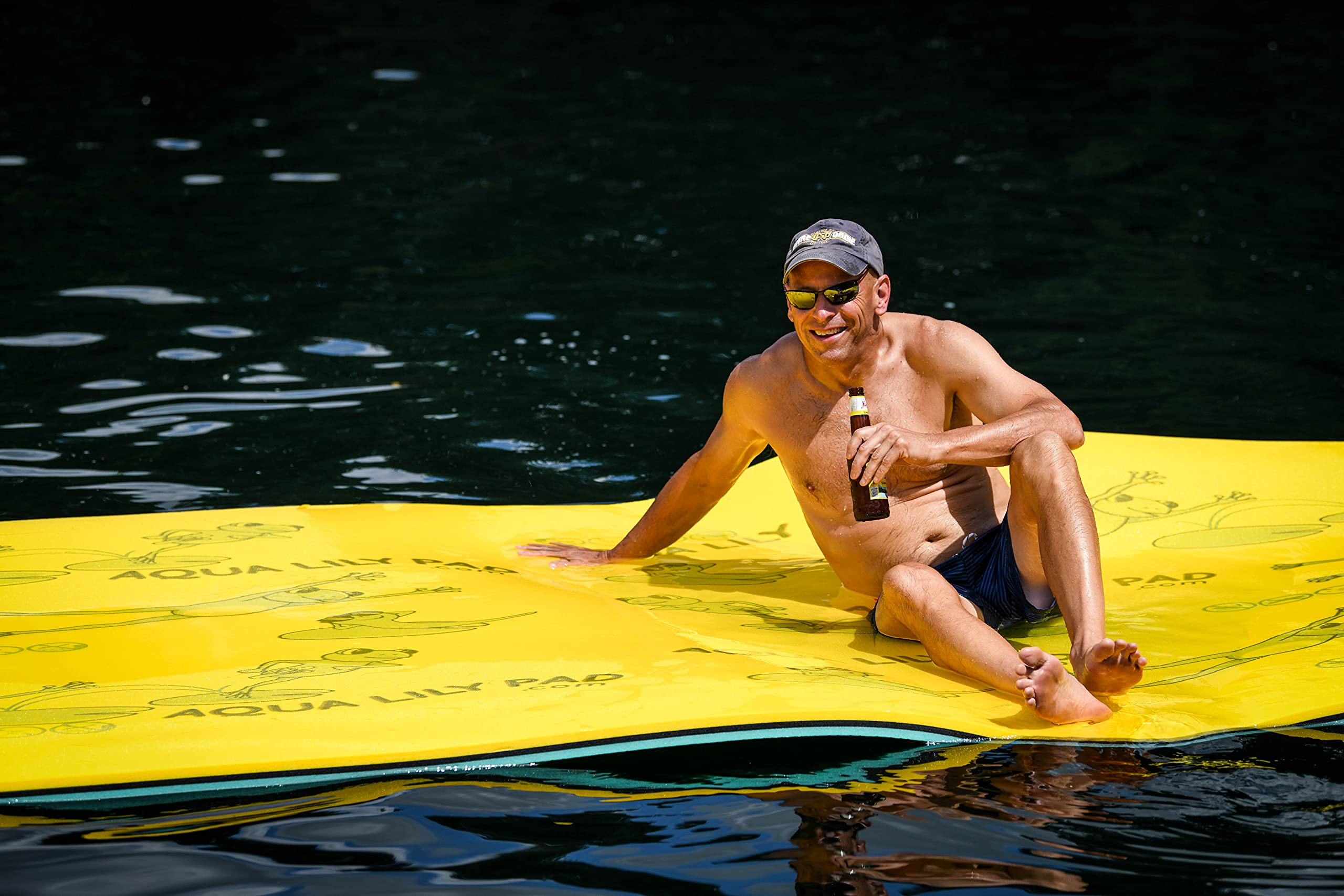 Aqua Lily Pad Floating Bullfrog Water Mat, Extra Buoyant 3 Layer Yellow / Black / Green Foam Island, Made in The USA (30 Foot)