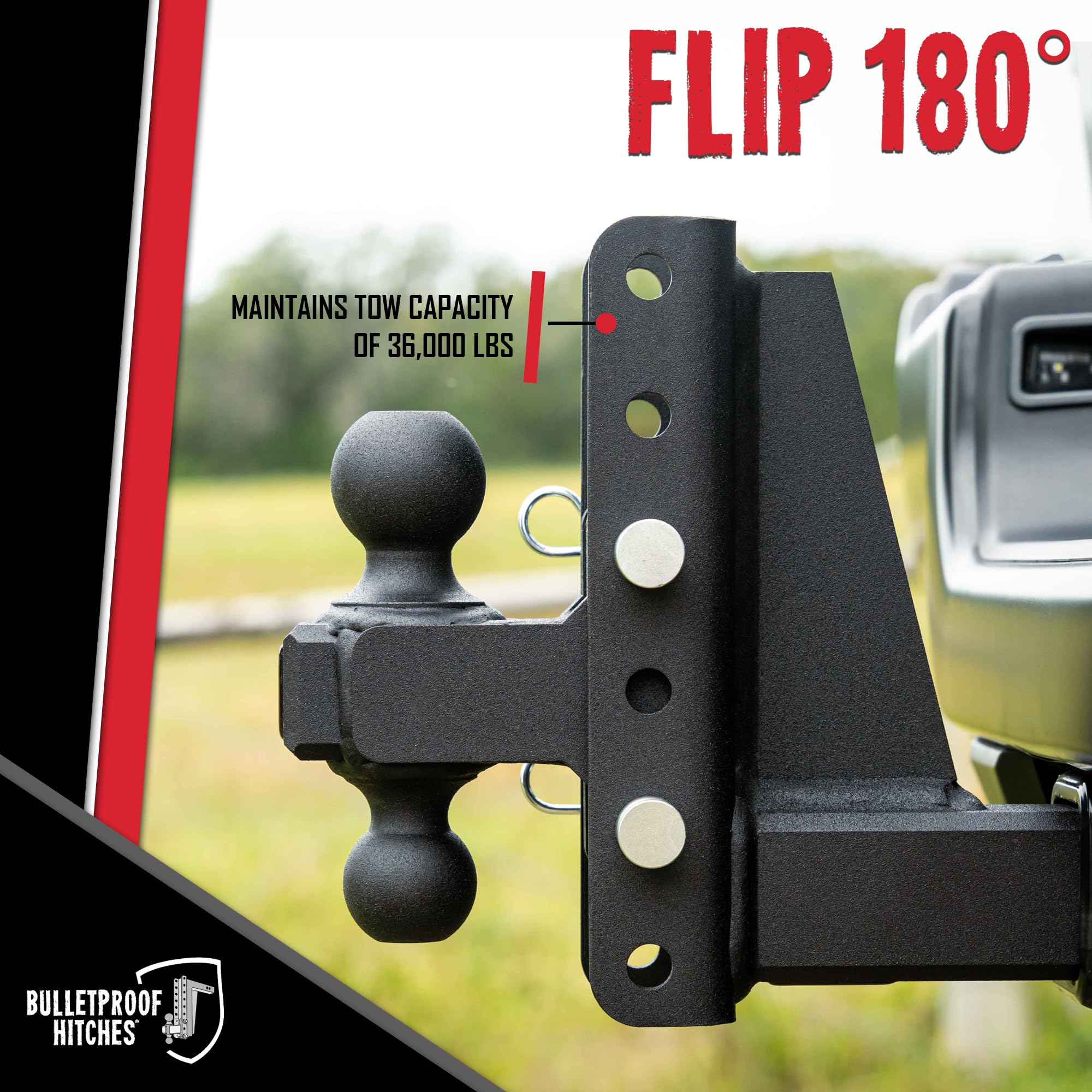 2.5" BulletProof Hitches Adjustable Extreme Duty Trailer Hitch (36,000 lb. Rating) - 4" Drop/Rise with 2" and 2 5/16" Dual Ball - Powder Coat, Solid Steel, Corrosion-Resistant