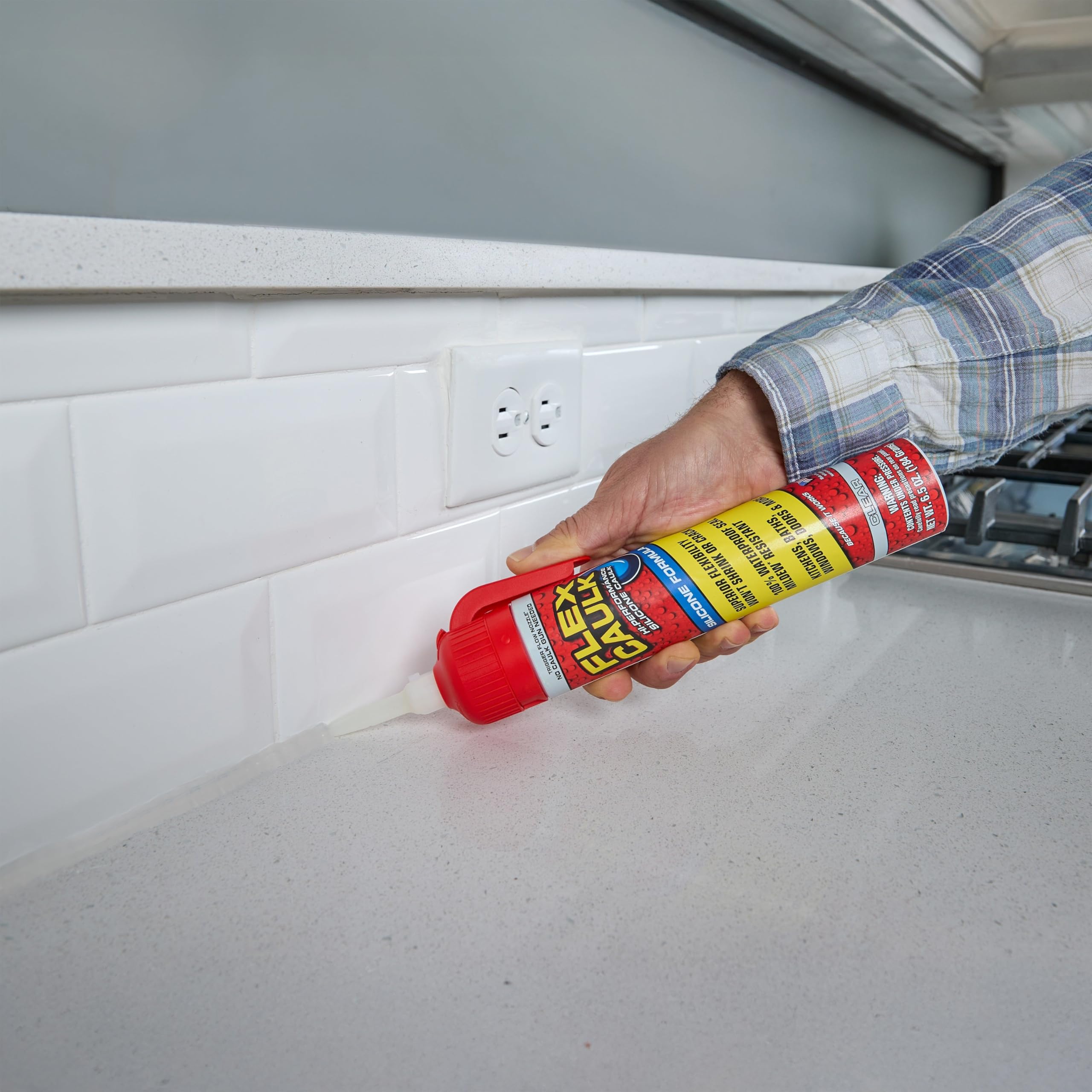 Silicone Flex Caulk, Waterproof & Weatherproof Sealant, Strong, Indoor, Outdoor, Bath, Kitchen, Shower, Sink, Window, Baseboards, Door, RV, Roof, Wood, Glass, Tile, Marine, Clear, 6.5 oz, 1-Pack