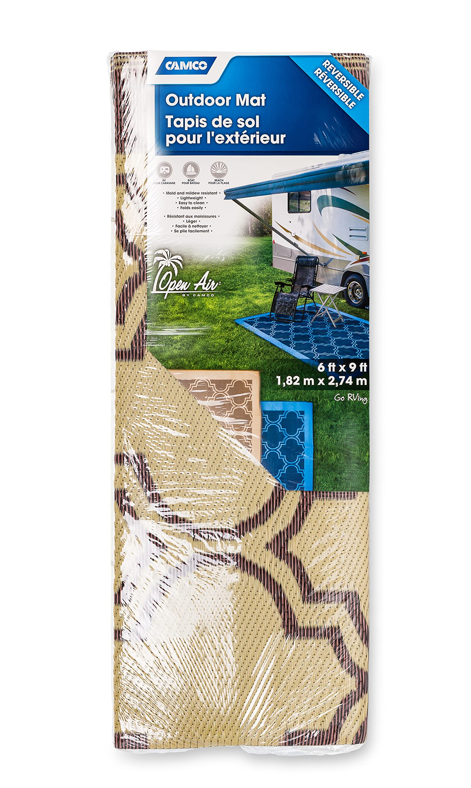 Camco Reversible Large Outdoor Patio Mat Easy to Clean, Perfect for Picnics, Cookouts, Camping, and The Beach (6' x 9', Brown Lattice Design) (42877)