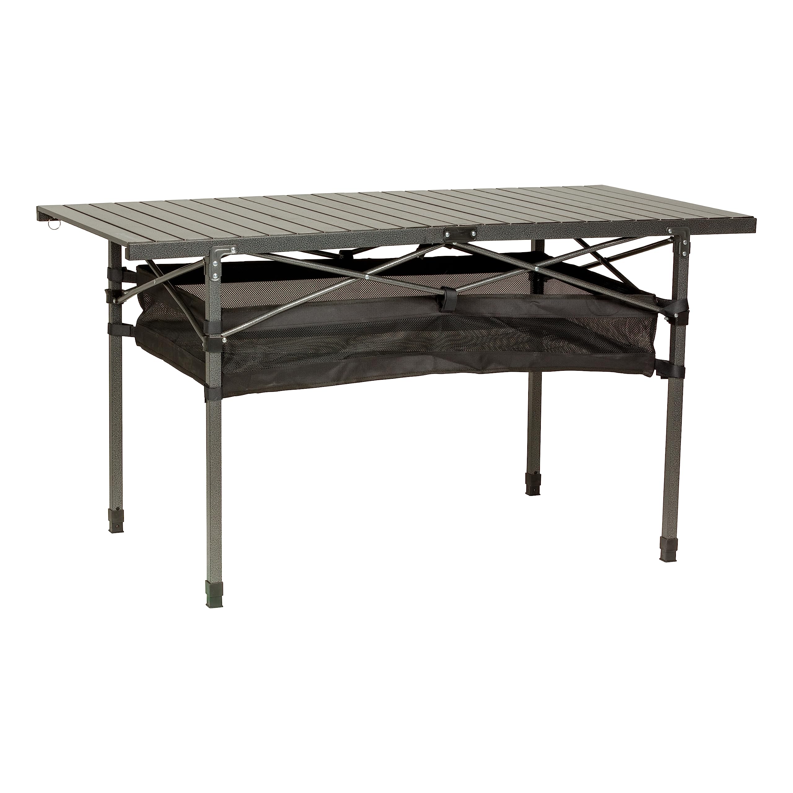 Camping Dining Table Lippert, Slatted Aluminum Tabletop, Foldable Design, Heavy-Duty Steel Legs, Powder-Coated Protection, Mesh Storage Shelf, 80-lb. Capacity, Carrying Bag - 2022122524