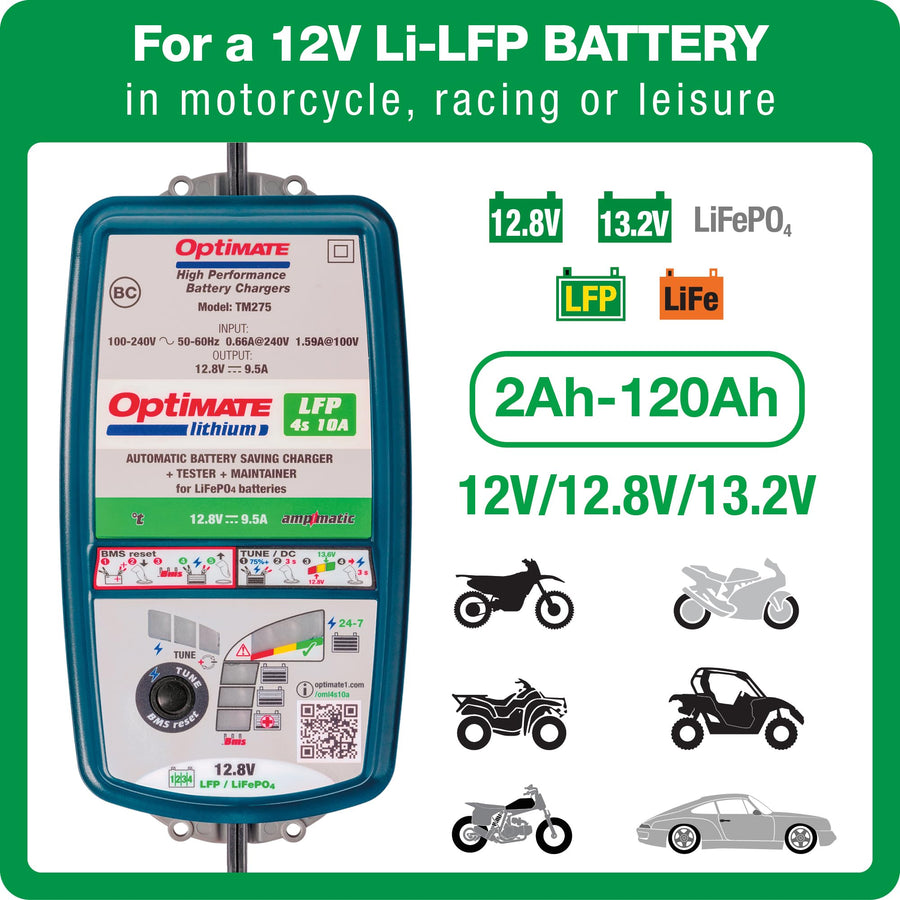 Lithium Optimate 4s 10A, TM275v2, 10-Step 12.8V 10A High Performance Battery Saving Charger & Maintainer