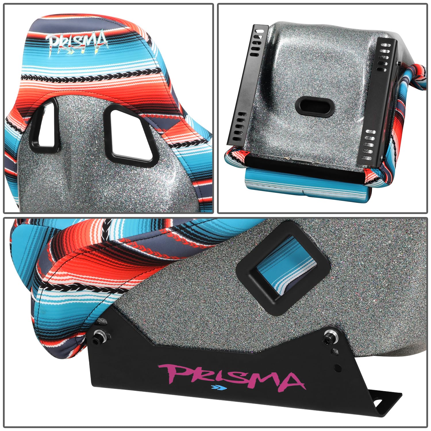NRG Innovations Fixed Back Bucket Racing Seat Prisma with Bottom Mount Bracket, 22" W X 34" H X 16" D, Red White Blue Black Pink Serape Print, FRP-303-BAJACALI