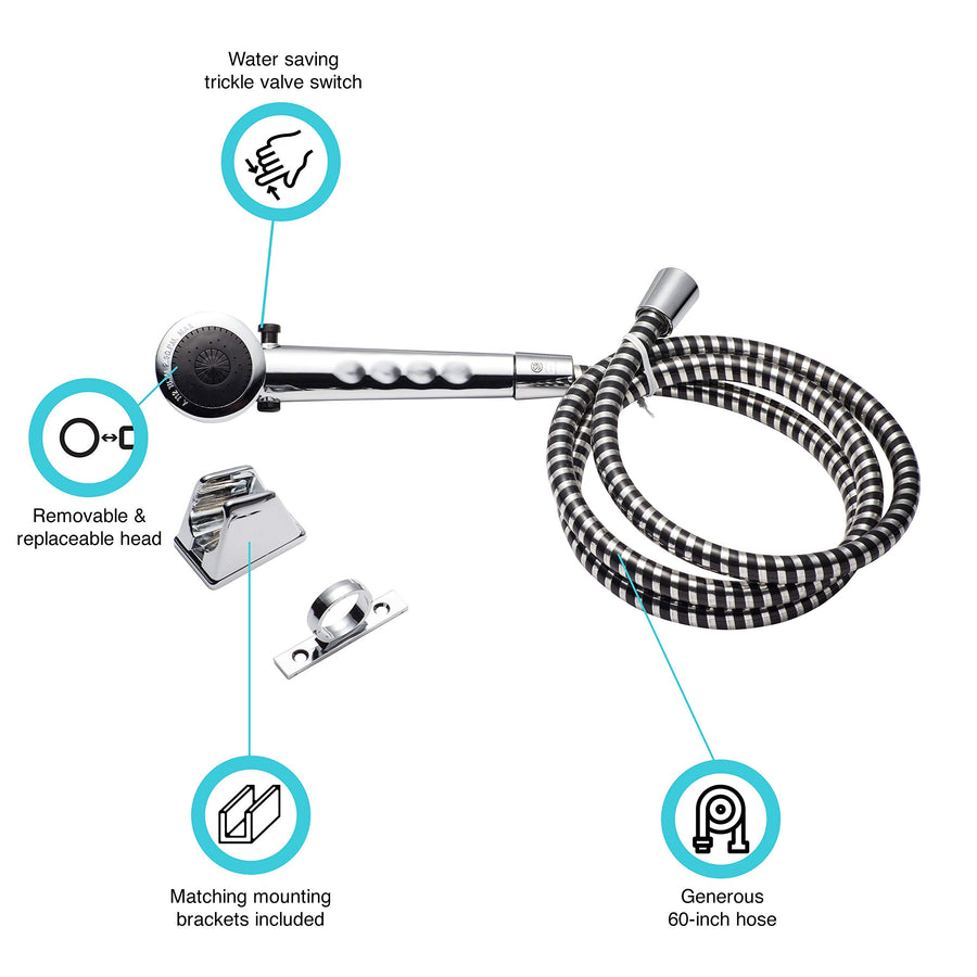 Dura Faucet Economical DF-SA130-CP RV Shower Head Hose Kit, Handheld Replacement Wand, Universal Water Saving Shower Head with Flow Control Trickle Switch (Chrome)