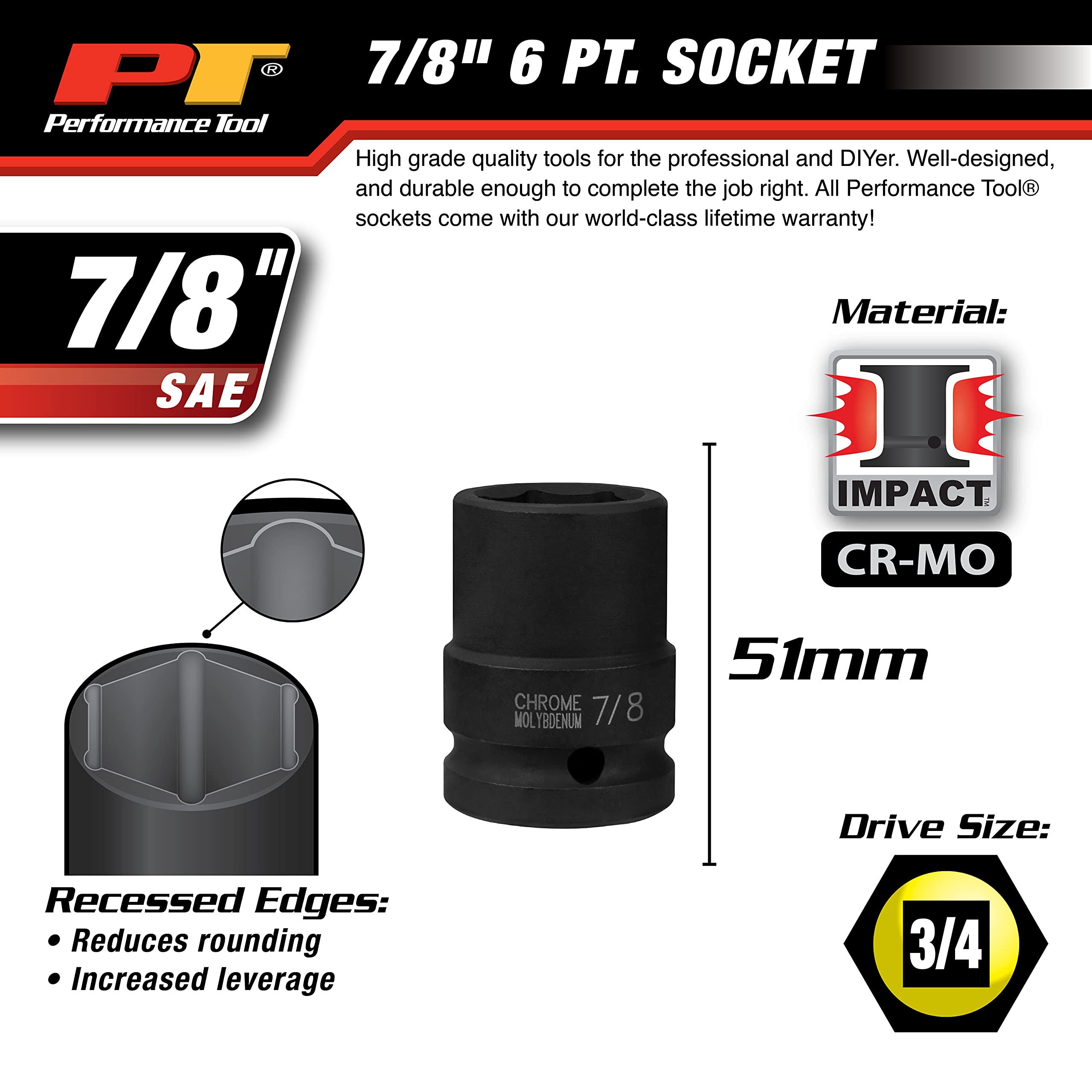 M740-28 Performance Tool 3/4-Inch Drive 7/8-Inch Impact Socket - Heavy Duty Socket for High Torque Applications and Tough Environments