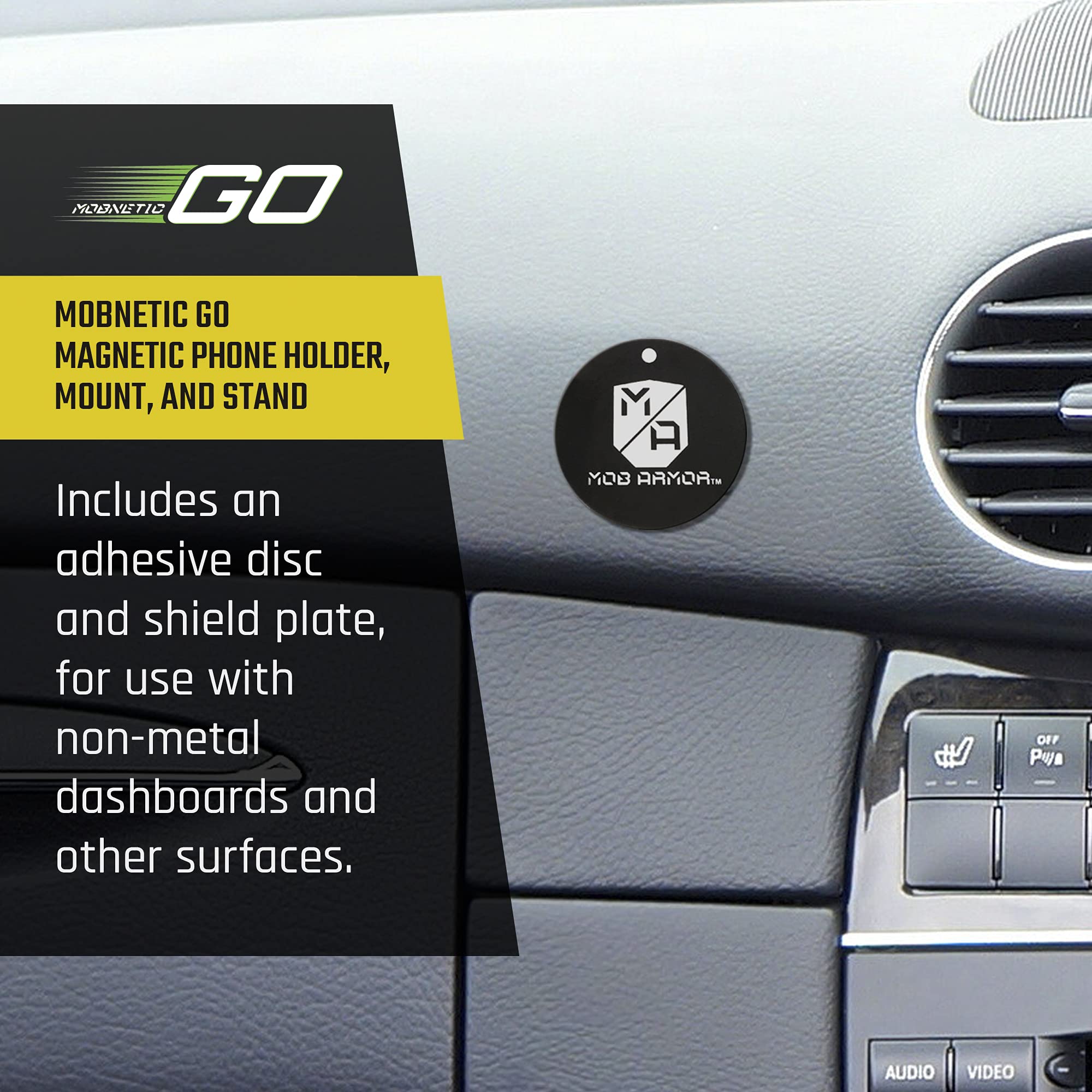 Mob Armor Go MobNetic Magnetic Phone Car Holder with Metal Plate - Strong Magnetic Base, Aircraft Grade Aluminum, Car Dashboard & Metal Surface Mount, Compatible with iPhone and Android Smartphones