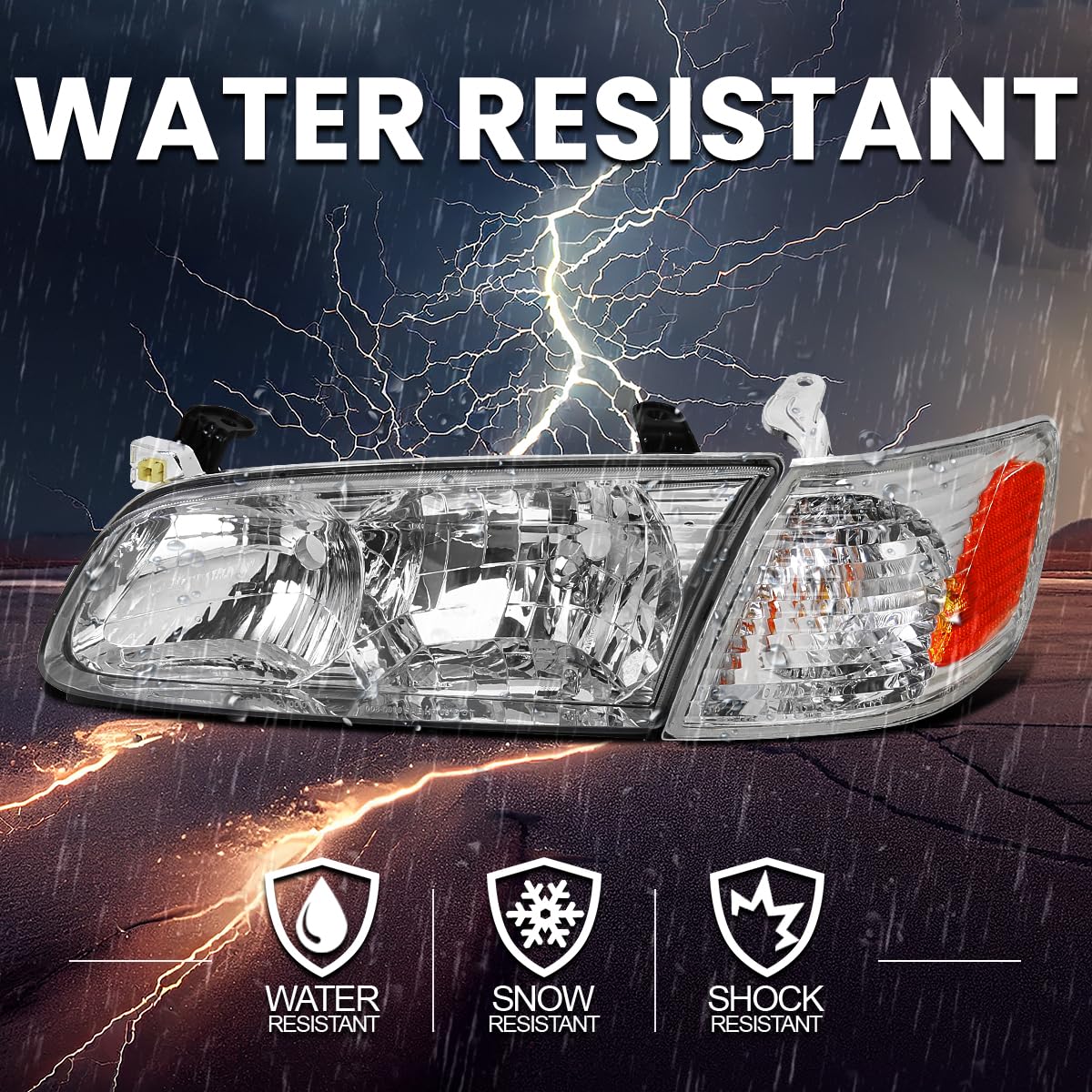 Chrome Headlights + Corner Lights SPEC-D TUNING Compatible with 2000-2001 Toyota Camry L+R Pair Head Light Lamp Assembly