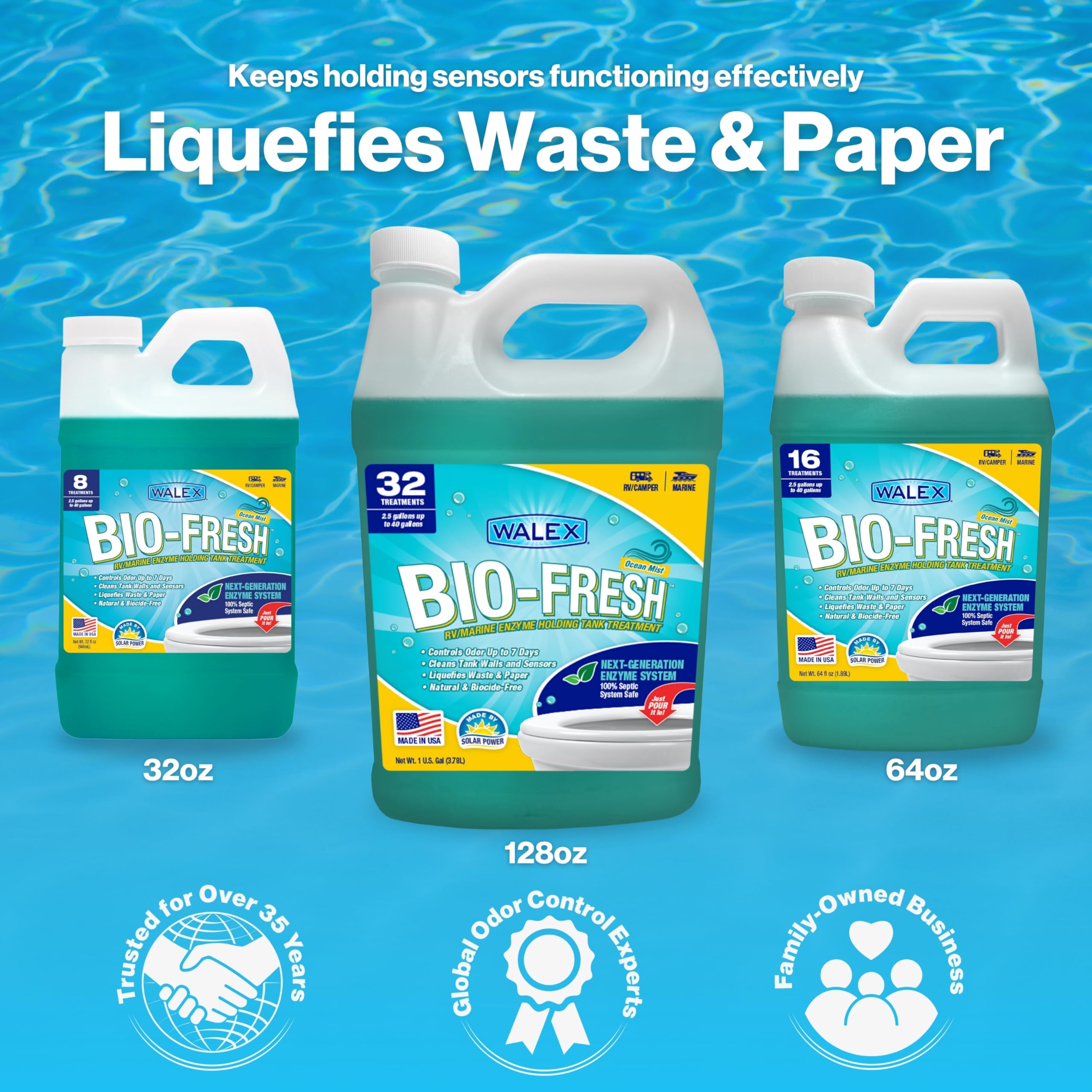Bio-Fresh Liquid Walex Enzyme Holding Tank Treatment for RV, Camper & Marine - Black Water Tank Deodorizer, Liquifies Waste & Toilet Paper, Septic Tank Safe, Biocide-Free, Ocean Mist, 32oz