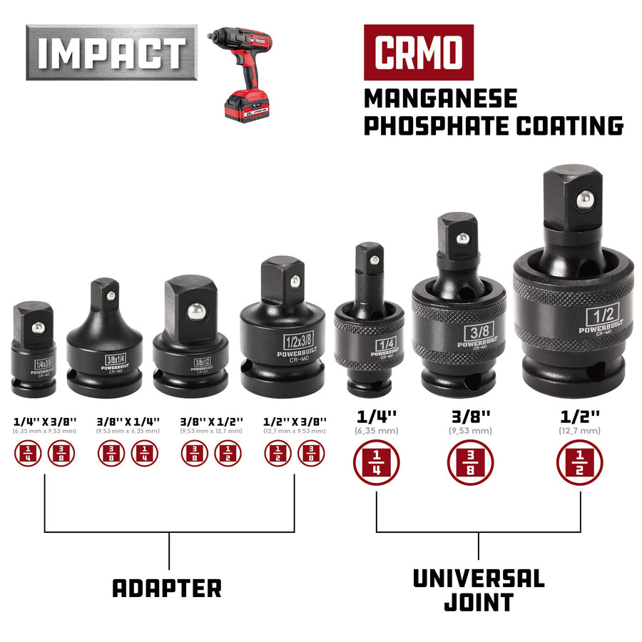 Powerbuilt 7 Piece Universal Joint and Adapter Set, Impact Socket 1/4" 3/8" 1/2" Drive, 4 Piece Adapters and 3 Piece Flexible Socket Swivel U-Joint, Chrome-Moly made - 647095