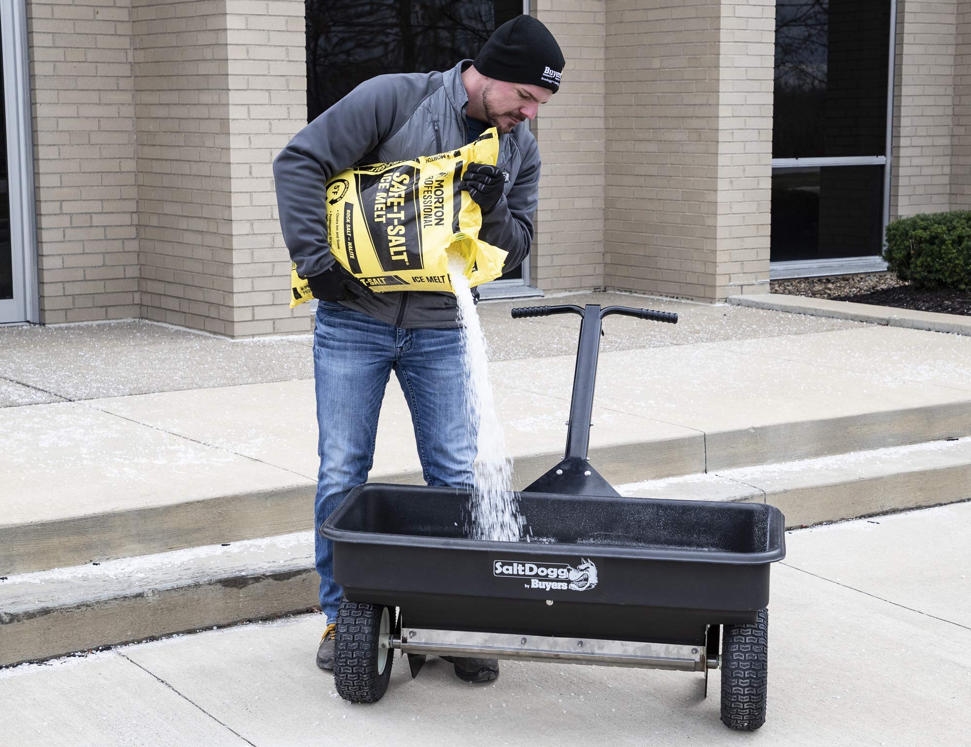SaltDogg Buyers Products WB400 Walk-Behind Drop Spreader, 2.5 cu ft Poly Hopper (200 lb), Stainless Frame/Agitator, 44 in Path, 13 in Pneumatic Tires, Rain Cover & Screen, Made in USA