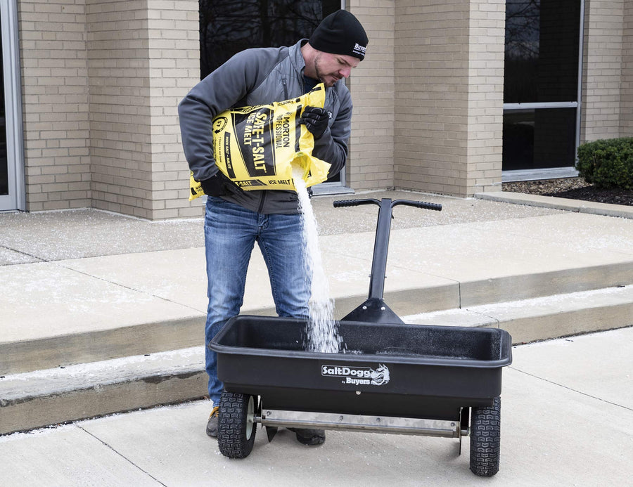 SaltDogg Buyers Products WB400 Walk-Behind Drop Spreader, 2.5 cu ft Poly Hopper (200 lb), Stainless Frame/Agitator, 44 in Path, 13 in Pneumatic Tires, Rain Cover & Screen, Made in USA