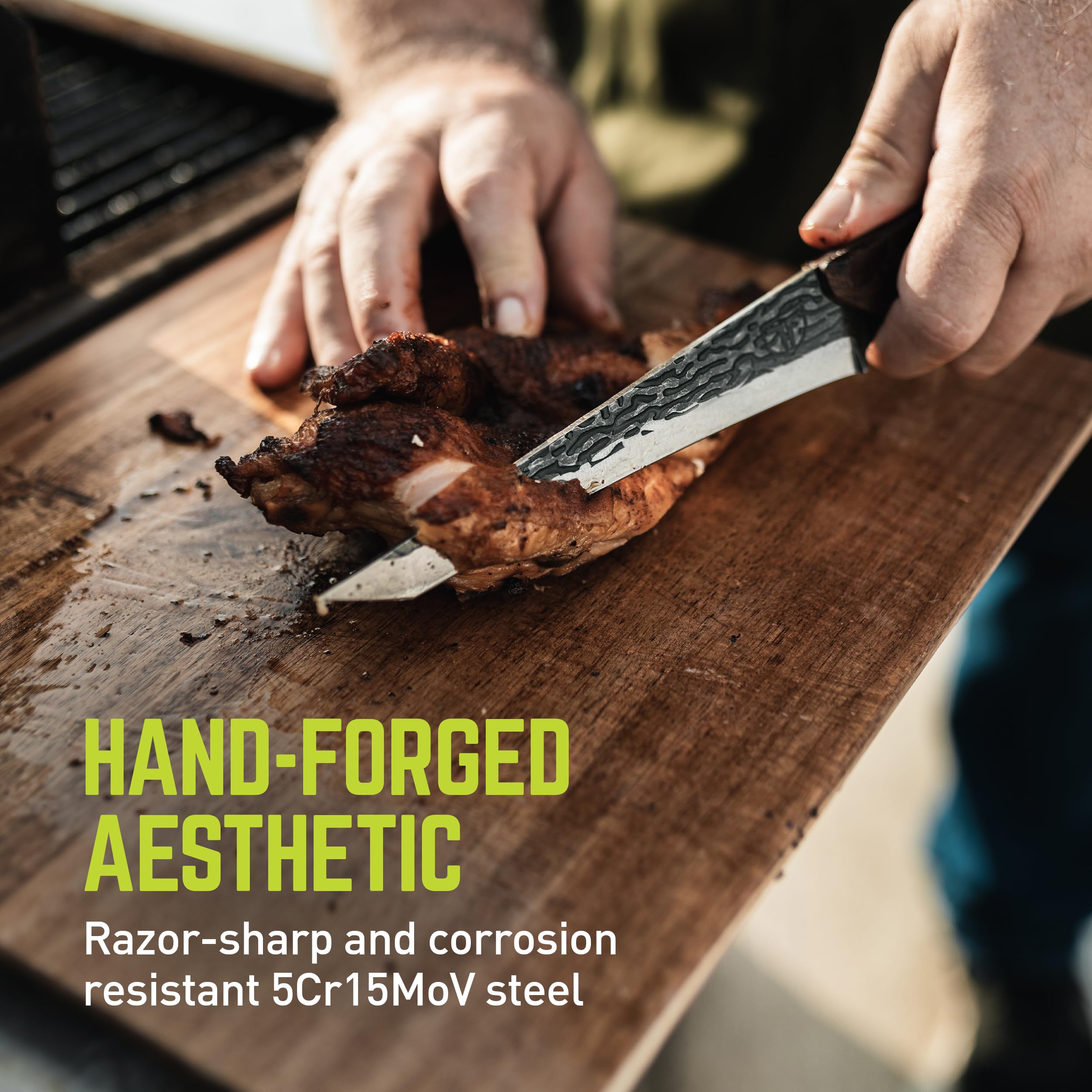 PrimalForge TRUE Tanto Slicer Knife | Cutlery Knife, All-Purpose, Precision Carving Cutting & Boning, 5Cr15MoV Stainless Steel, Wood Handle, Water-Resistant, Hand Forged Appearance