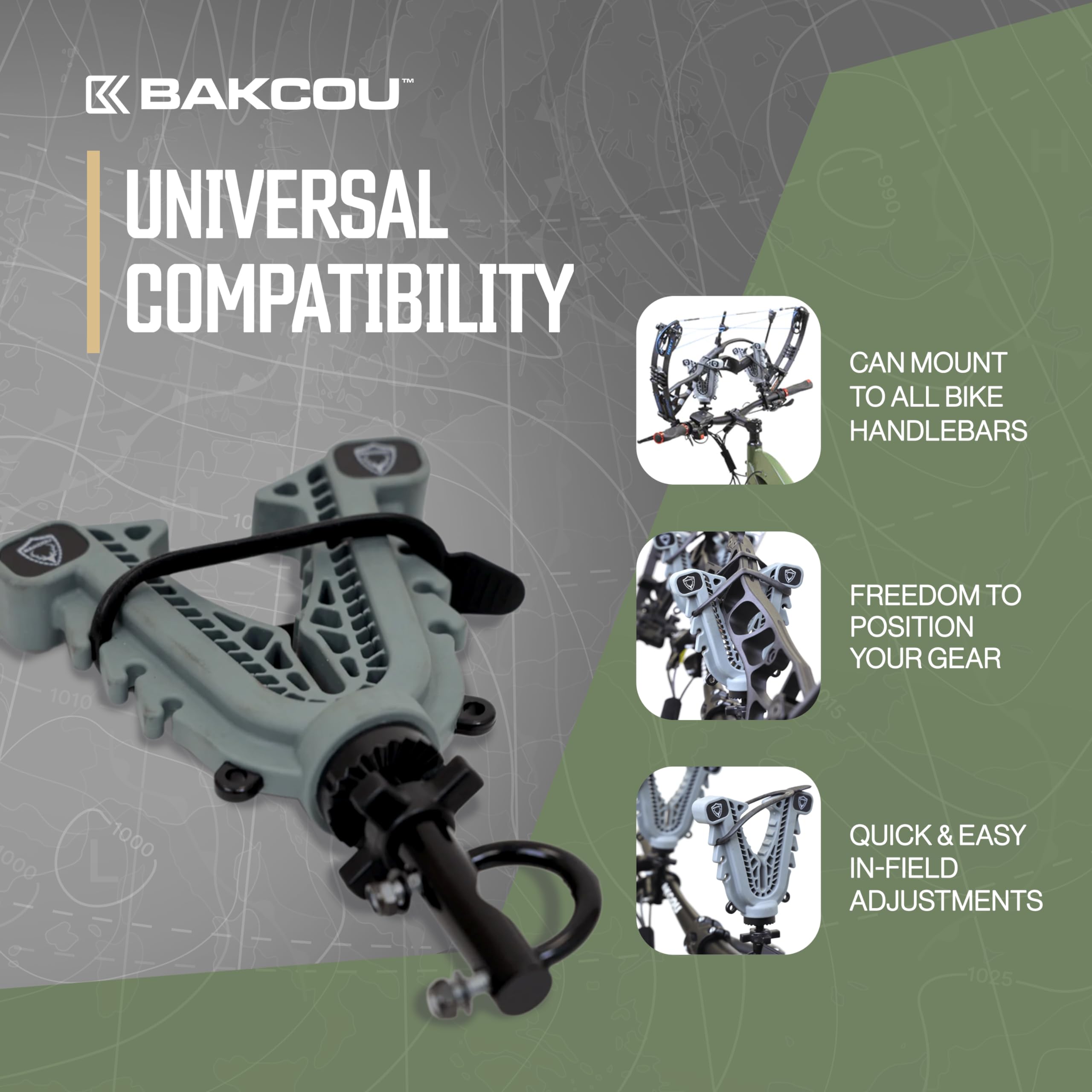 Universal Mount Bakcou Gun-Bow Rack with Variable Fit Technology (VFT) - 360° Rotation, Tool-Free Design, Fits All Bike Handlebars up to 1