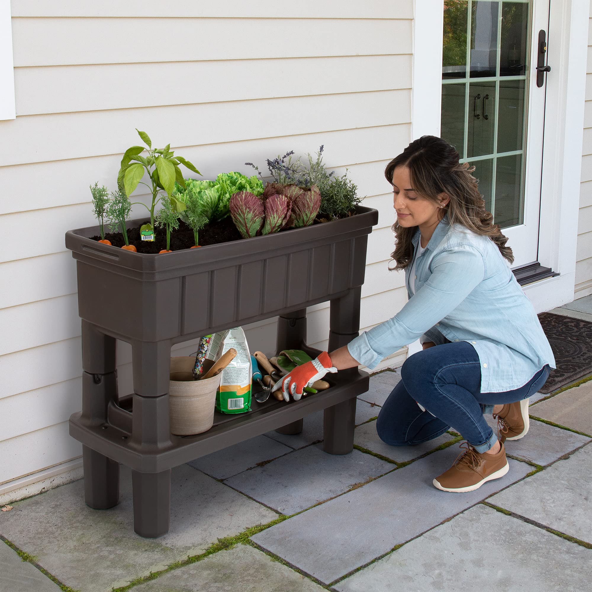 Simplay3 Raised Garden Bed American Home Outdoor Planter with Garden Tools Storage Shelf, 36" L x 30" H Garden Bed, Dark Brown