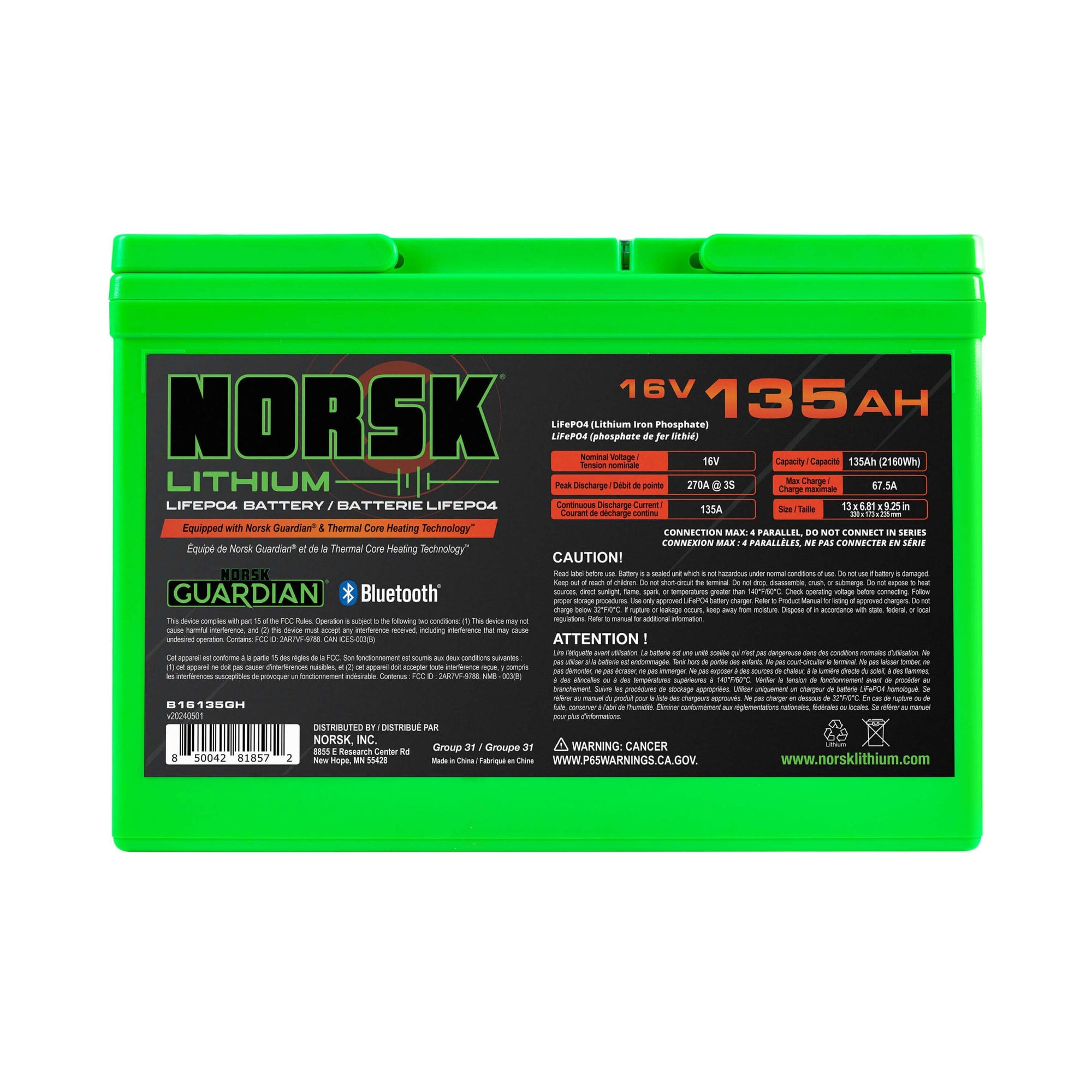 16V Norsk Lithium 135AH Heated LiFePO4 Deep Cycle Battery | Group 31 | Bluetooth | Thermal Core Heating Technology | IP67 Waterproof | Perfect for Marine Electronics