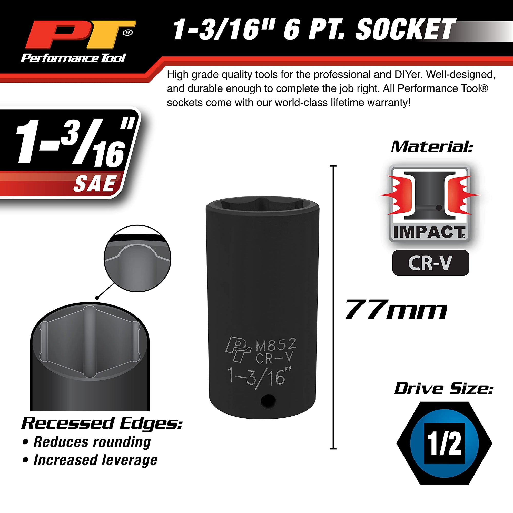 1/2-Inch Drive Performance Tool M852 6-Point Impact Socket, 1-3/16