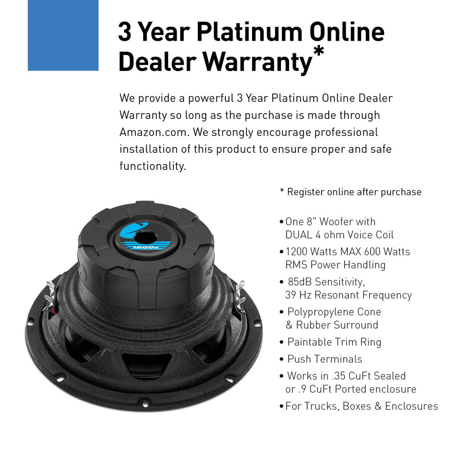 Planet Audio Anarchy Series AC8D 8 Inch Car Subwoofer - 1200 Watts Max, Dual 4 Ohm Voice Coil, Sold Individually, Hook Up to Amp
