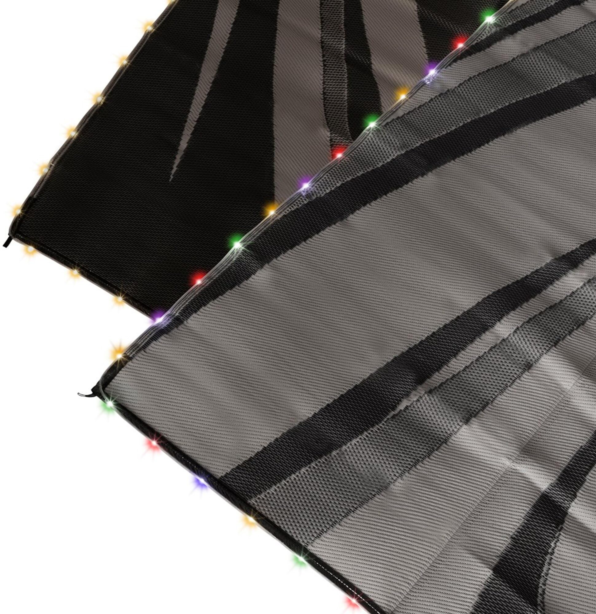 Patio Mat FAULKNER 53025, Modern Swish Design, 18 Foot Length x 9 Foot Width, Polypropylene, Reversible Black/Gray Fabric, with Grommets, Solar Powered Multicolor Or White LED Lights