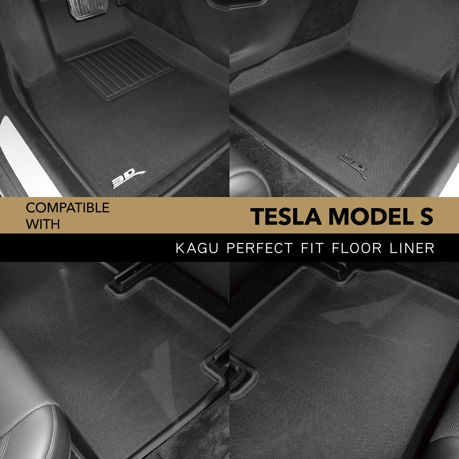 Kagu 3D MAXpider Custom Fit Floor Mat (Black) Compatible with Tesla Model S 2020-2021 - Full Set