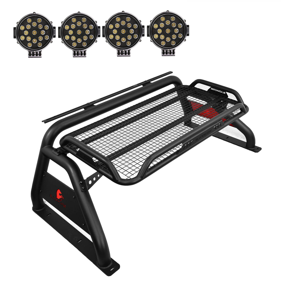 Atlas Roll Bar Black Horse incl. Pair of 7.0" Dia.Led Lights w/Black Trim Rings Compatible with 1999-2025 Ford F-250 Super Duty|1999-2025 Ford F-350 Super Duty|1999-2025 Ford F-450 Super Duty