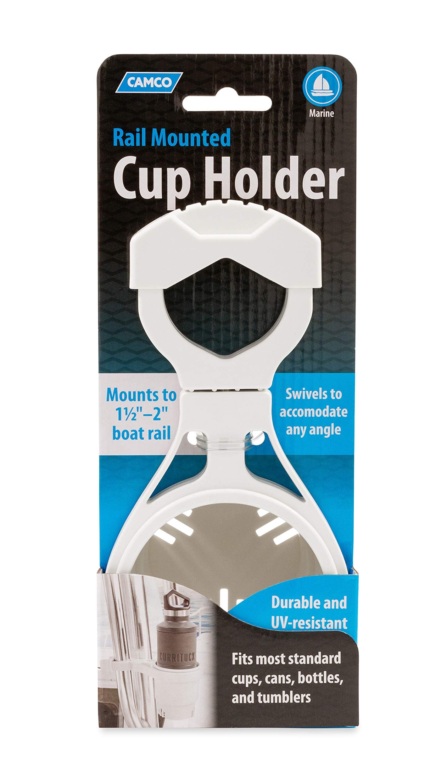 Camco Clamp Mounted Large Cup Holder-Provides a Secure Location for Your Beverage-Mountable for Up to 2-Inch Rail-White (53083)