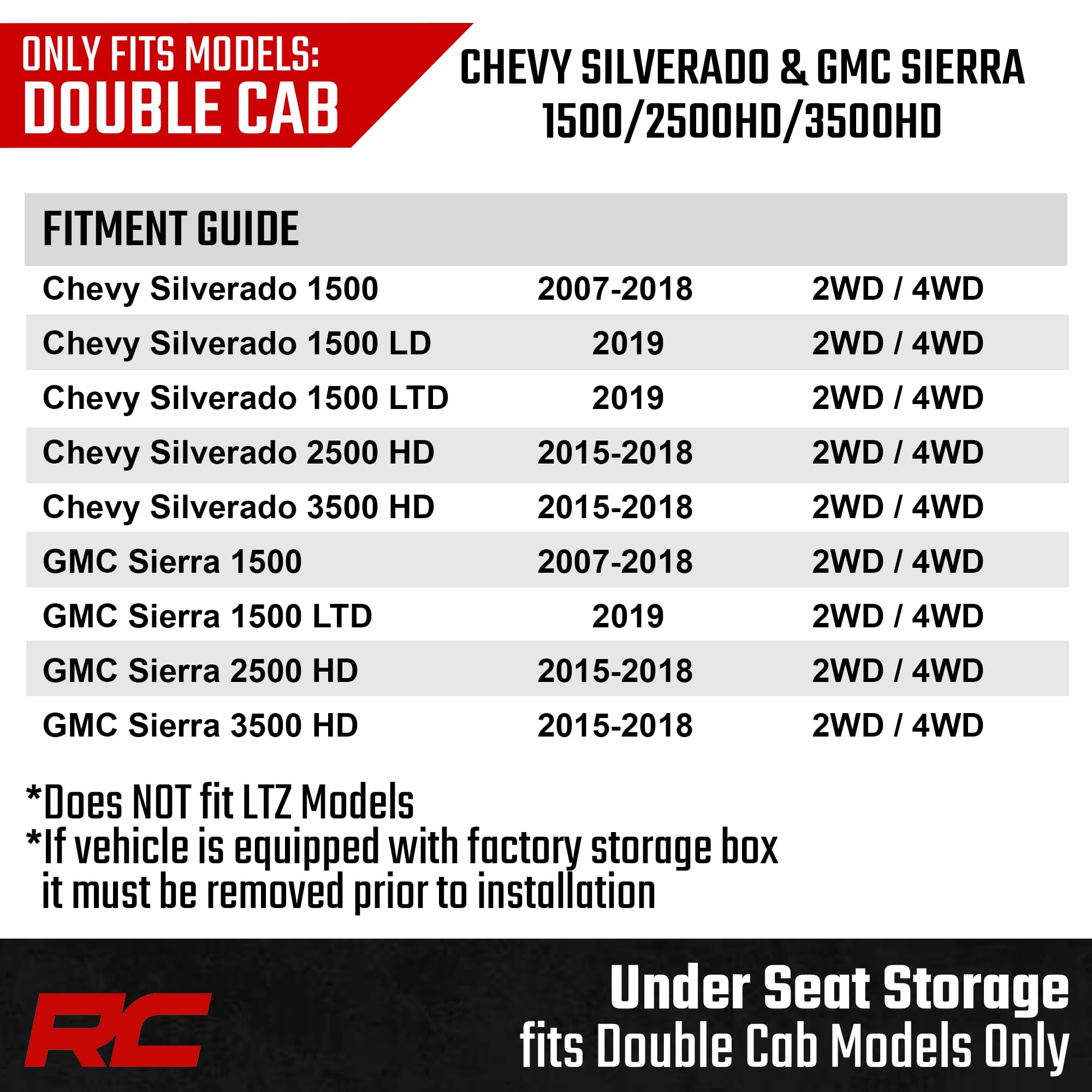 Rough Country Under Seat Storage Box for GMC Sierra & Chevy Silverado 1500/2500HD/3500HD Double Cab (2007–2019) - Custom-Fit Underseat Organizer Tray