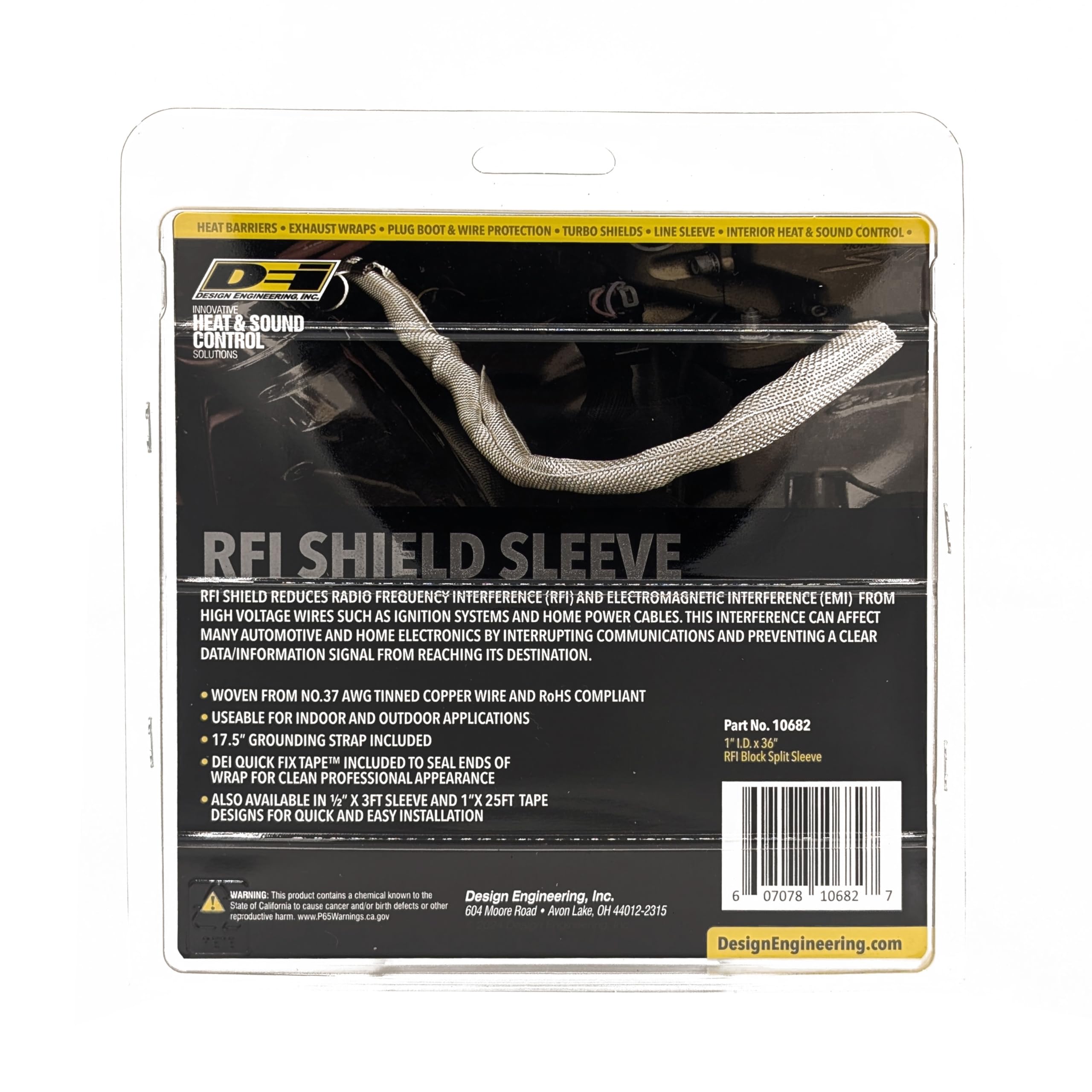 RFI Shield Split Sleeve DESIGN ENGINEERING 1" x 36' Tinned Copper Wire Shielding Sleeve Includes 17.5" Grounding Strap Flexible, Durable RFI/EMI Shielding