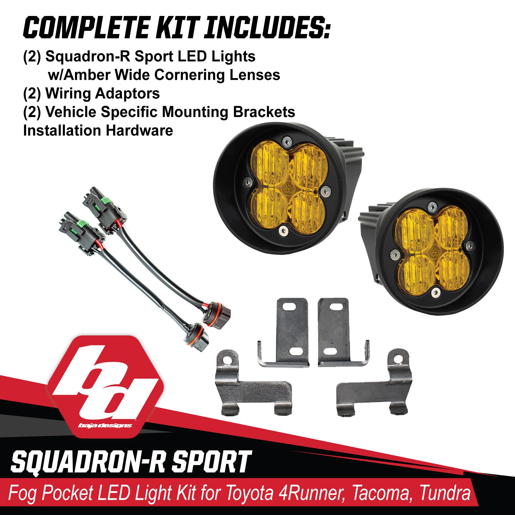 Baja Designs Sport Squadron-R LED Fog Light Kit for Toyota Tacoma 2012-24, Tundra 2014-24, 4Runner 2010-24, Set of 2 LED Lights (Wide Cornering Lens, Amber)