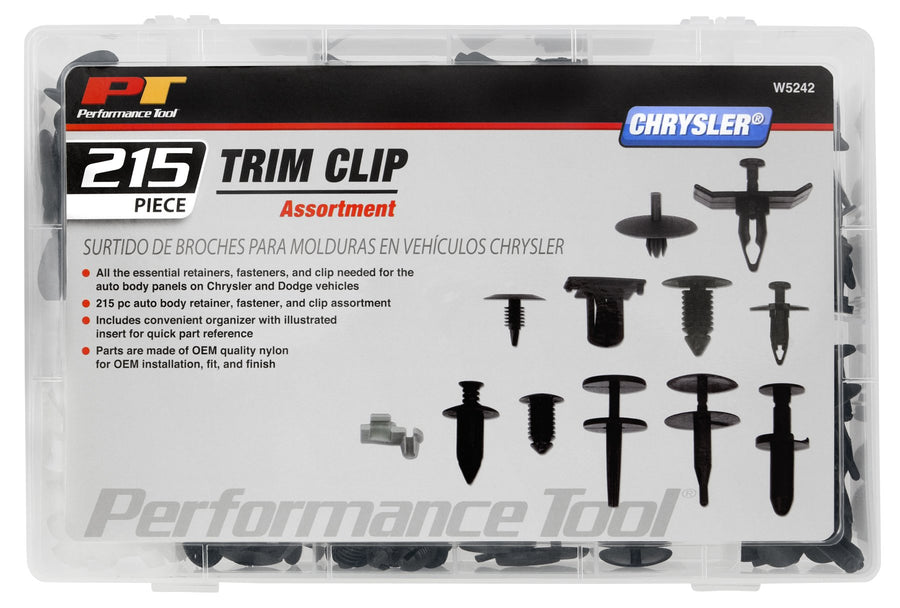 W5242 Performance Tool 215pc Chrysler Trim Clips | Trim Clips for Doors, Bumpers, Paneling & More | Most Popular Sizes for Chrysler | Includes Case & Picture Insert for Quick Part Identification