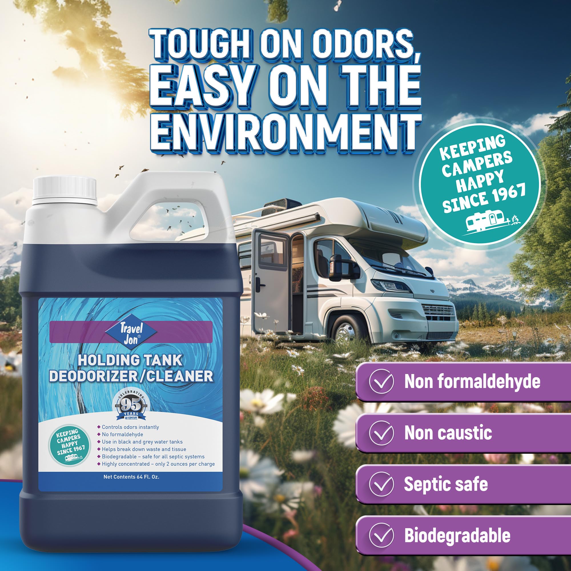 Travel Jon Holding Tank Treatment - Gray & Black Tank Treatment, RV Toilet Digester for Camper, Boat, & Porta Potty - Extra Strength Odor Eliminator | Fresh Scent (64 oz)
