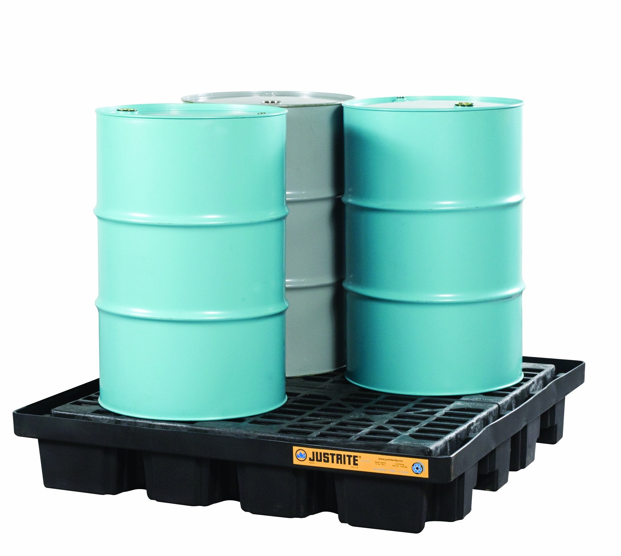 EcoPolyBlend Justrite 28673 89 Gallon Sump, 55" x 55" x 9" (LXWXH), 5000 lbs Load Capacity 4 Drum Low Line Pallet