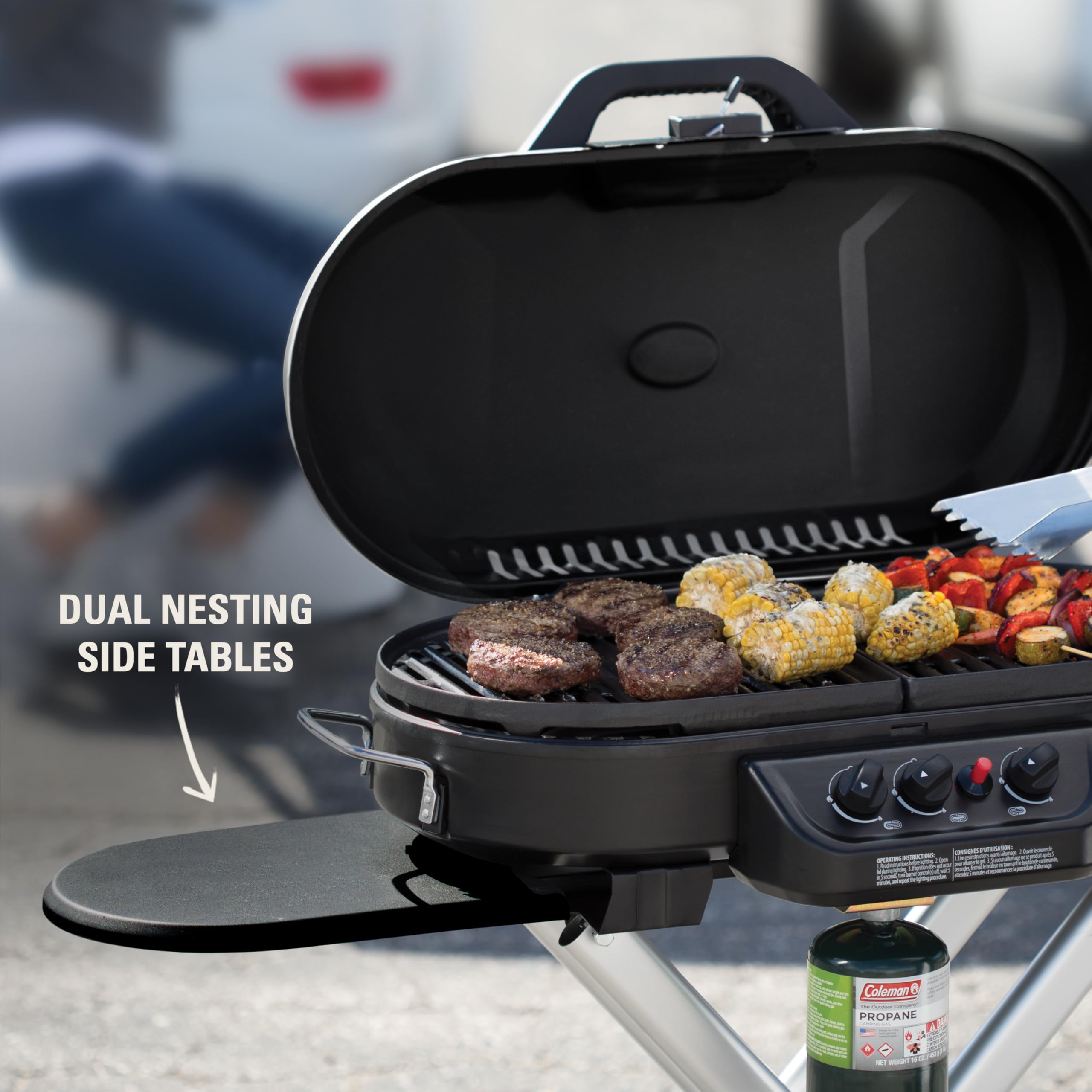 Coleman 285 RoadTrip Portable Stand-Up Propane Grill with 3 Adjustable Burners & Instastart Ignition, 20,000 BTUs of Power for Outdoor Cooking, Camping, Tailgating, Grilling, BBQs, & More